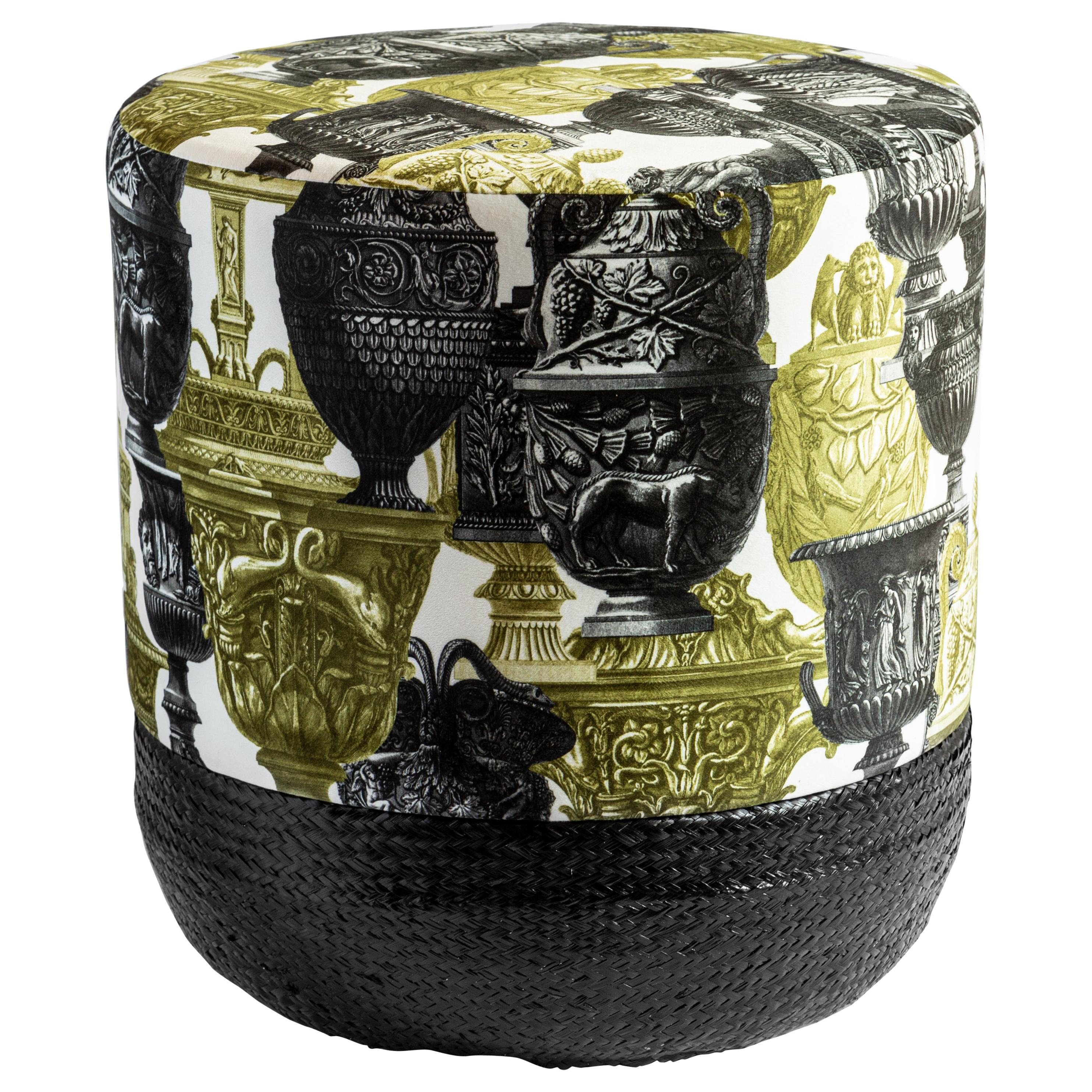 Roma, Contemporary Printed Velvet and Natural Strew Pouf by Vito Nesta For Sale