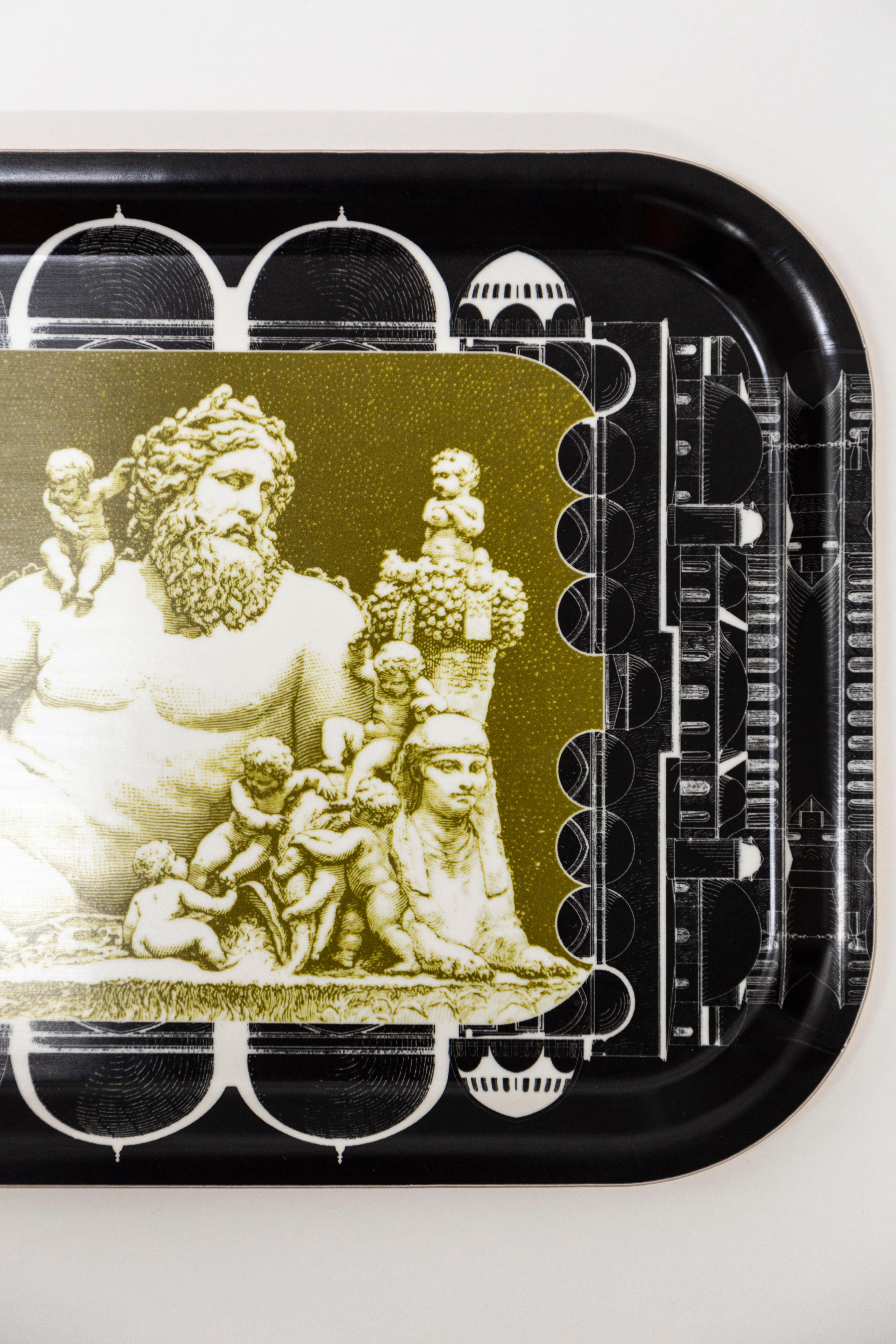 Swedish Rome, Contemporary Wooden Tray With Statue Etching and Architectural Elements For Sale