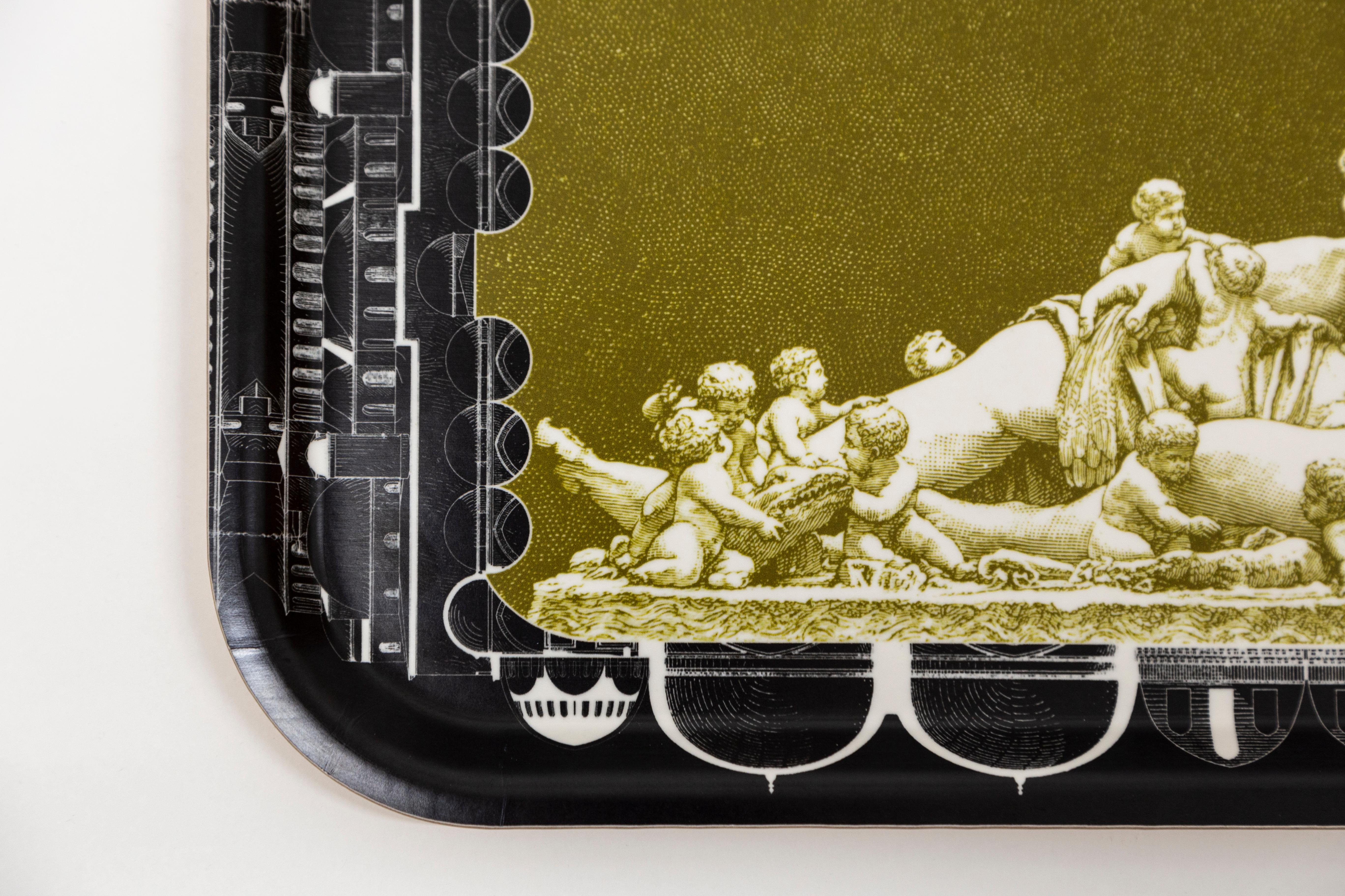Molded Rome, Contemporary Wooden Tray With Statue Etching and Architectural Elements For Sale
