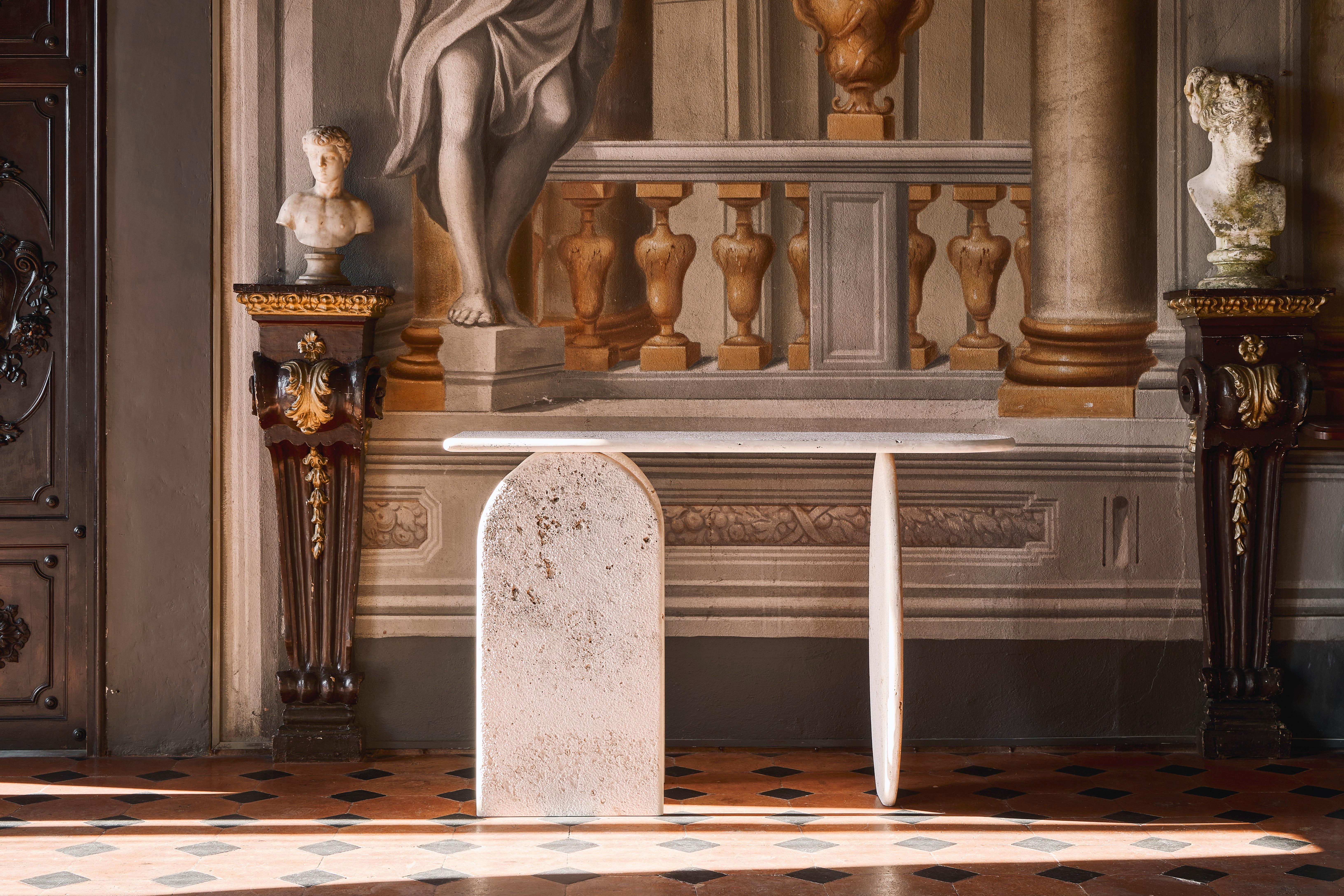 Rome - FMM  2024  Travertine Console  140×40×90 cm  Handcrafted Tuscany For Sale 5