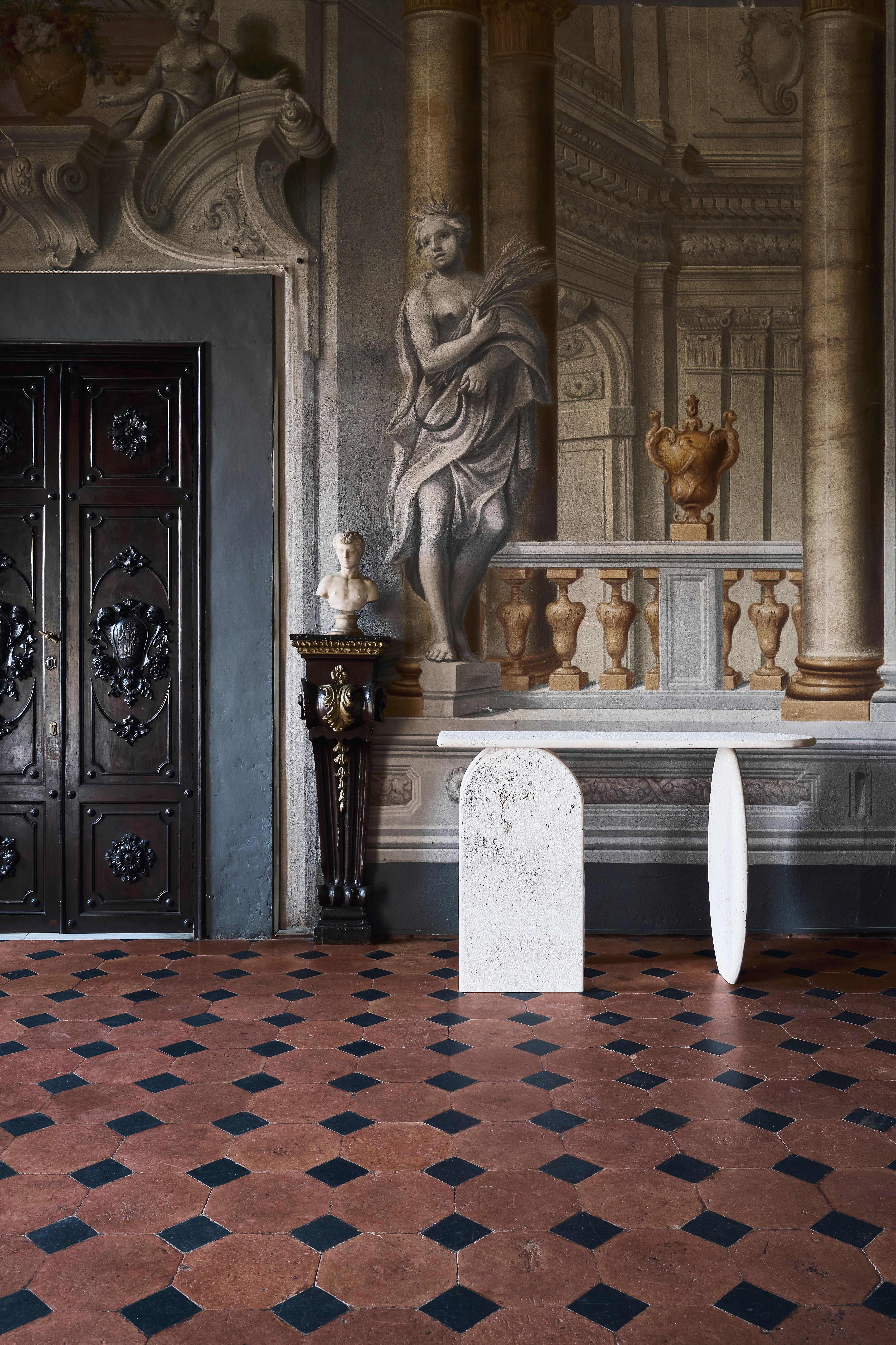 Rome - FMM  2024  Travertine Console  140×40×90 cm  Handcrafted Tuscany For Sale 1