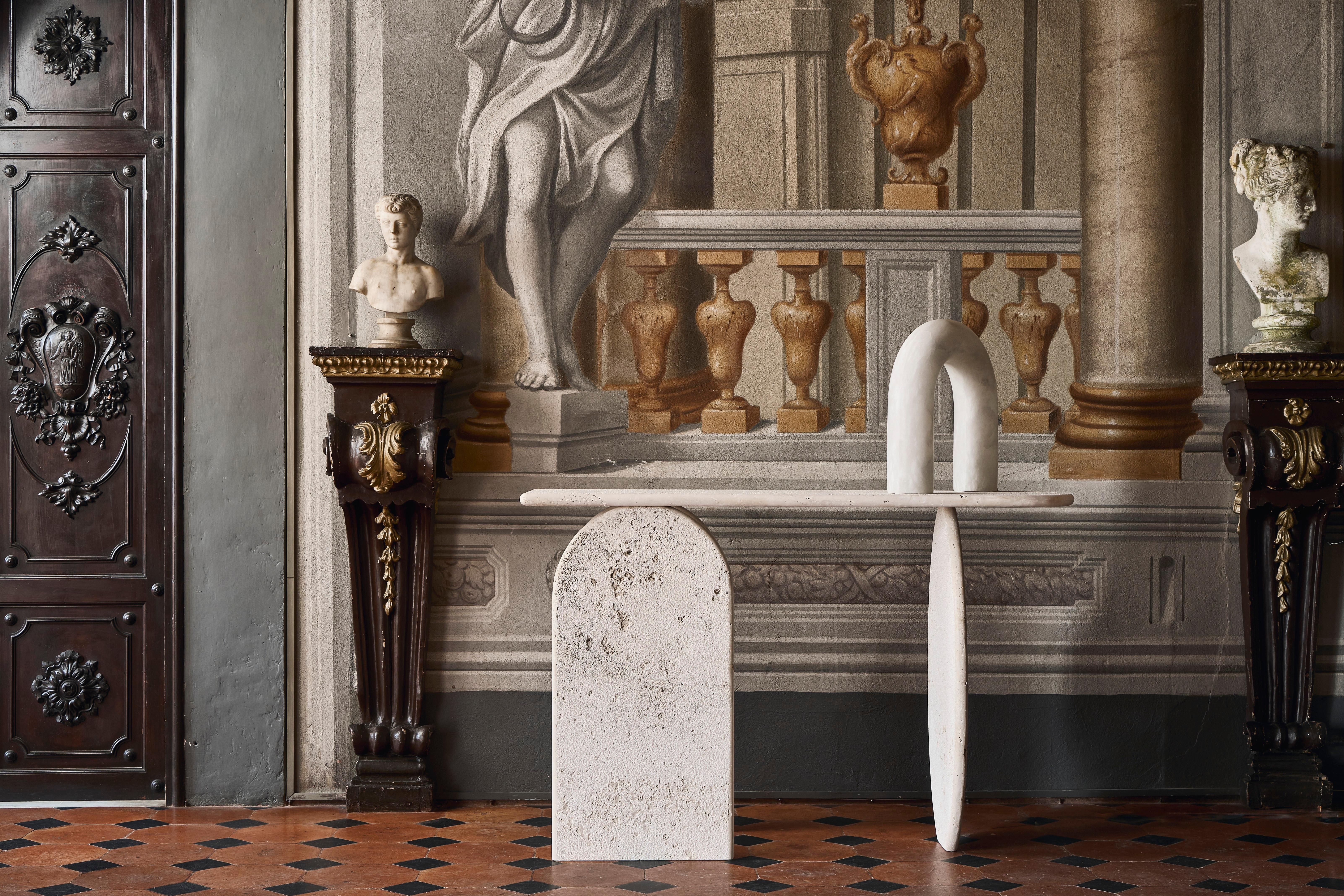 Rome - FMM  2024  Travertine Console  140×40×90 cm  Handcrafted Tuscany For Sale 2