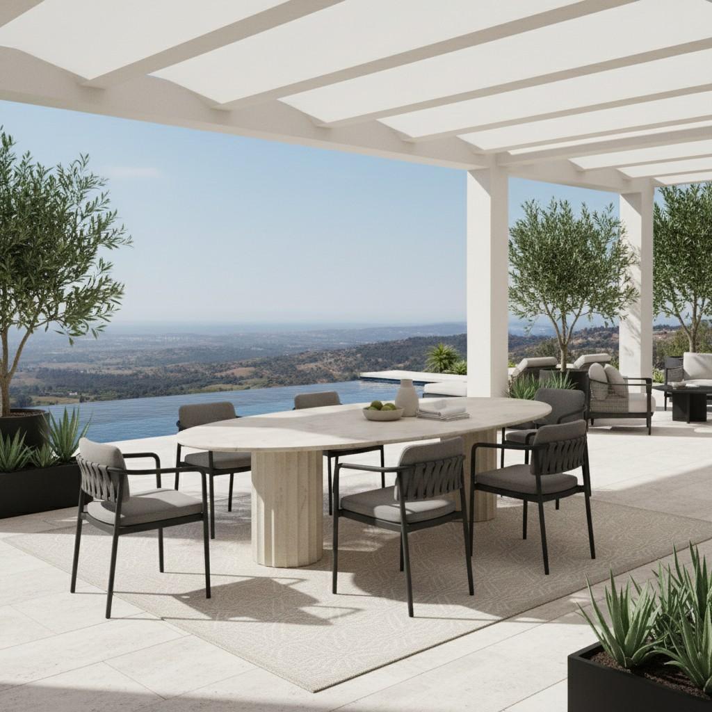 Fait main ROMA - Table de salle à manger elliptique d'intérieur/extérieur en finition plâtre vieilli en vente