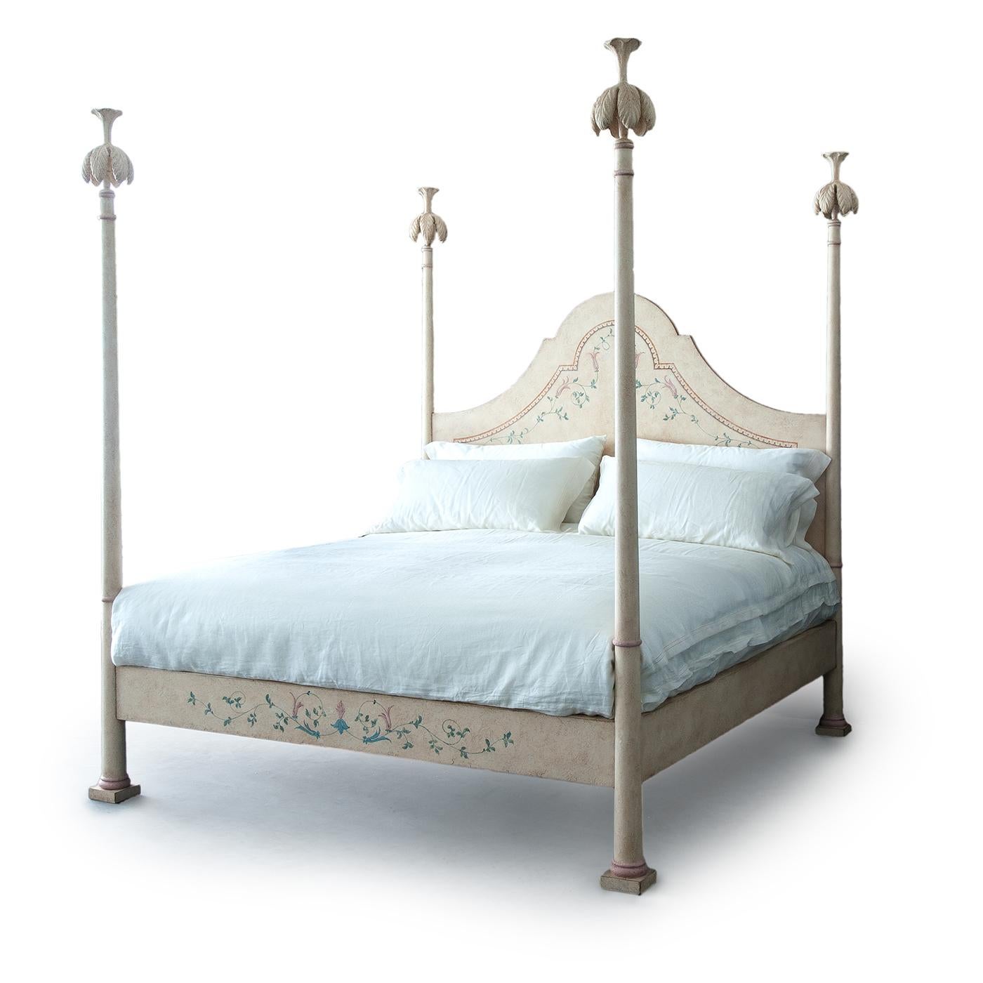 Presenting the stunning Roma Bed, a symbol of romance and enduring beauty. This hand-painted four-poster bed in ivory, adorned with elegant framings and delicate rosettes, is designed to make a timeless statement. Crafted with love and built to