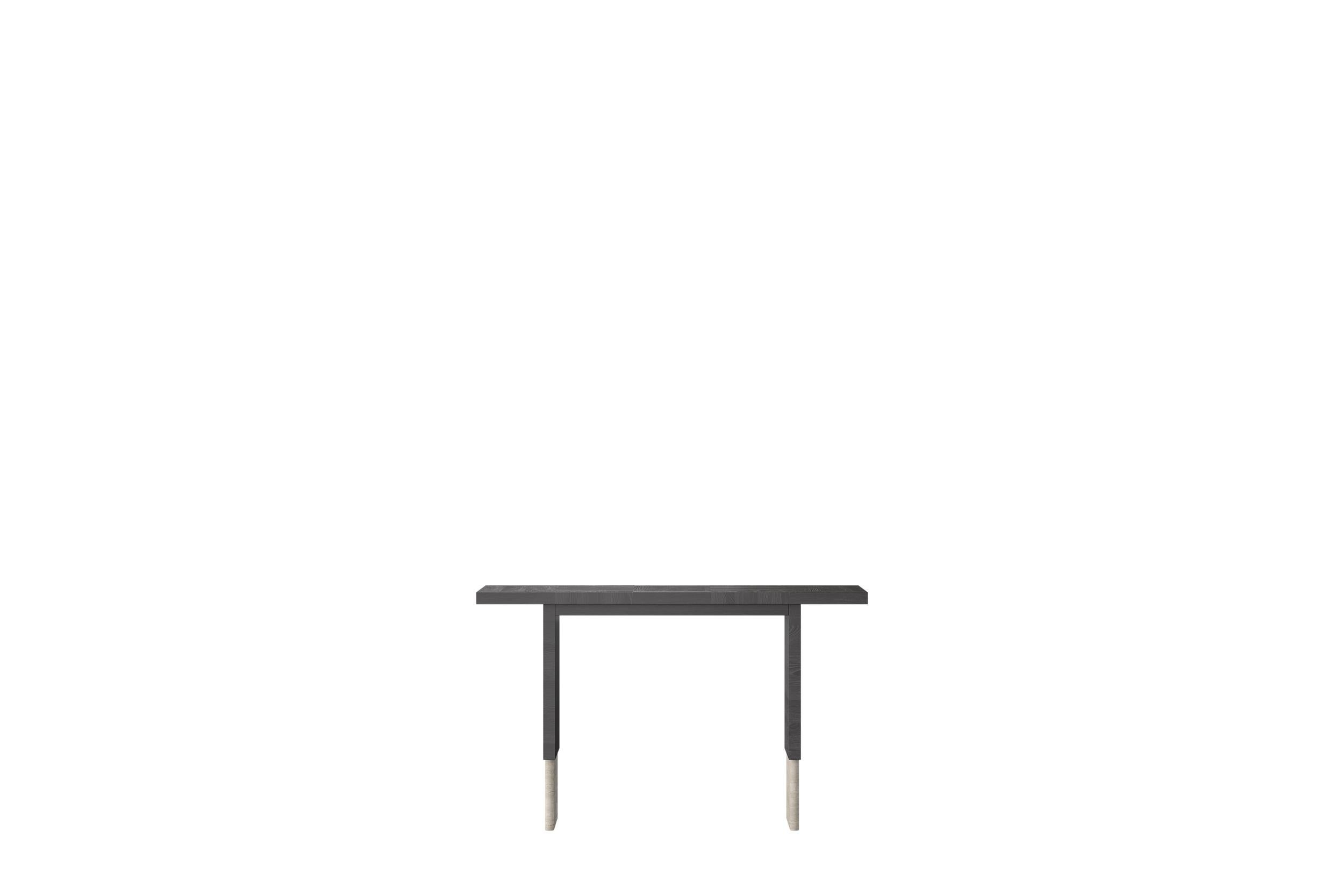 Roma Minimalistic Console in Black Oak and Travertine by Ultramobili
Dimensions:  W 130 x D 36 x H 80 cm
Materials: Black Oak, Travertine. 

ROMA console in Black Oak structure and Travertine legs/ feet.  Minimalistic shape, sophisticated