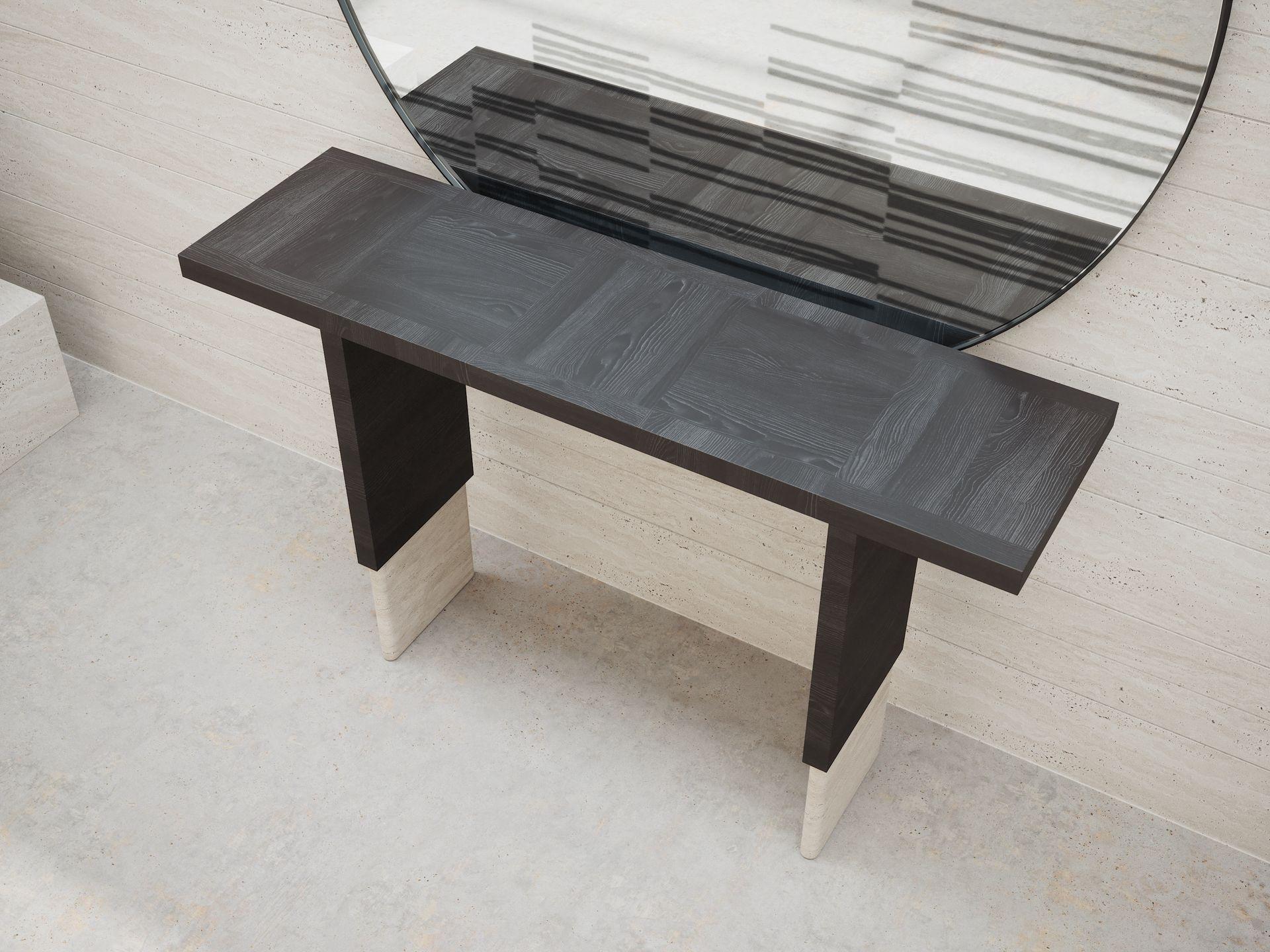 Contemporary Roma Minimalistic Console in Black Oak and Light BeigeTravertine by Ultramobili For Sale