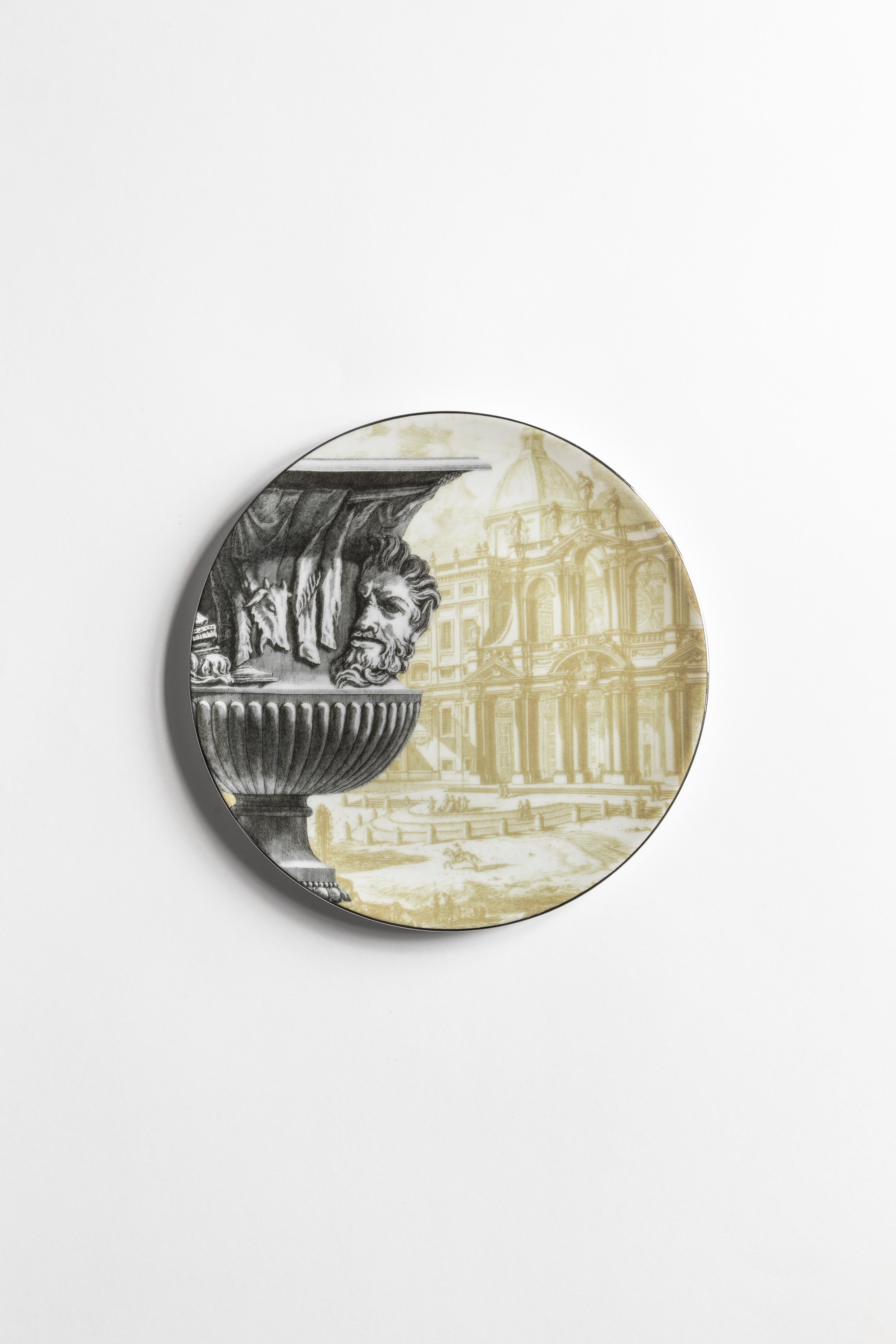 Italian Roma, Six Contemporary Porcelain Dessert Plates with Decorative Design For Sale