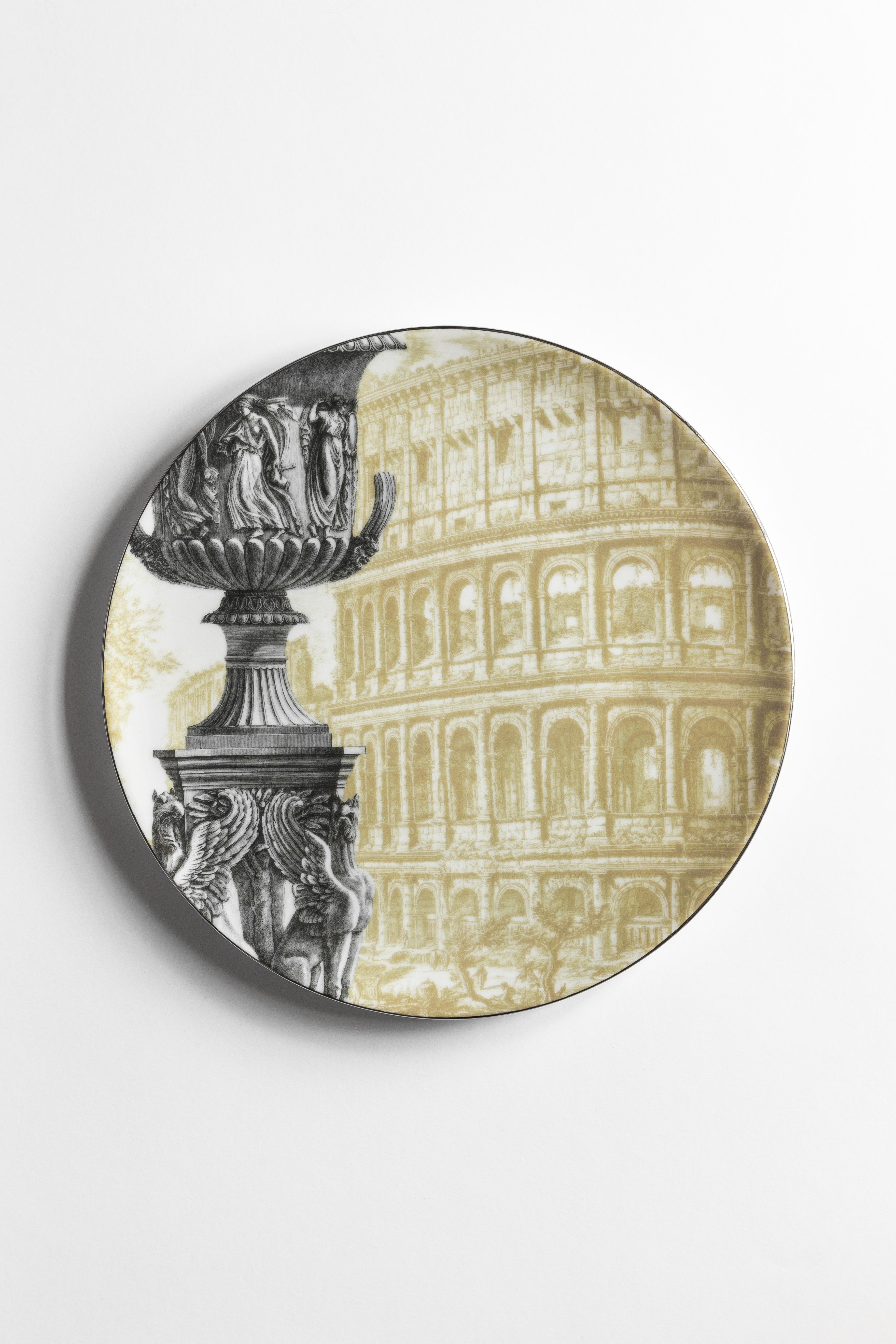 Roma, Six Contemporary Porcelain Dinner Plates with Decorative Design For Sale 2
