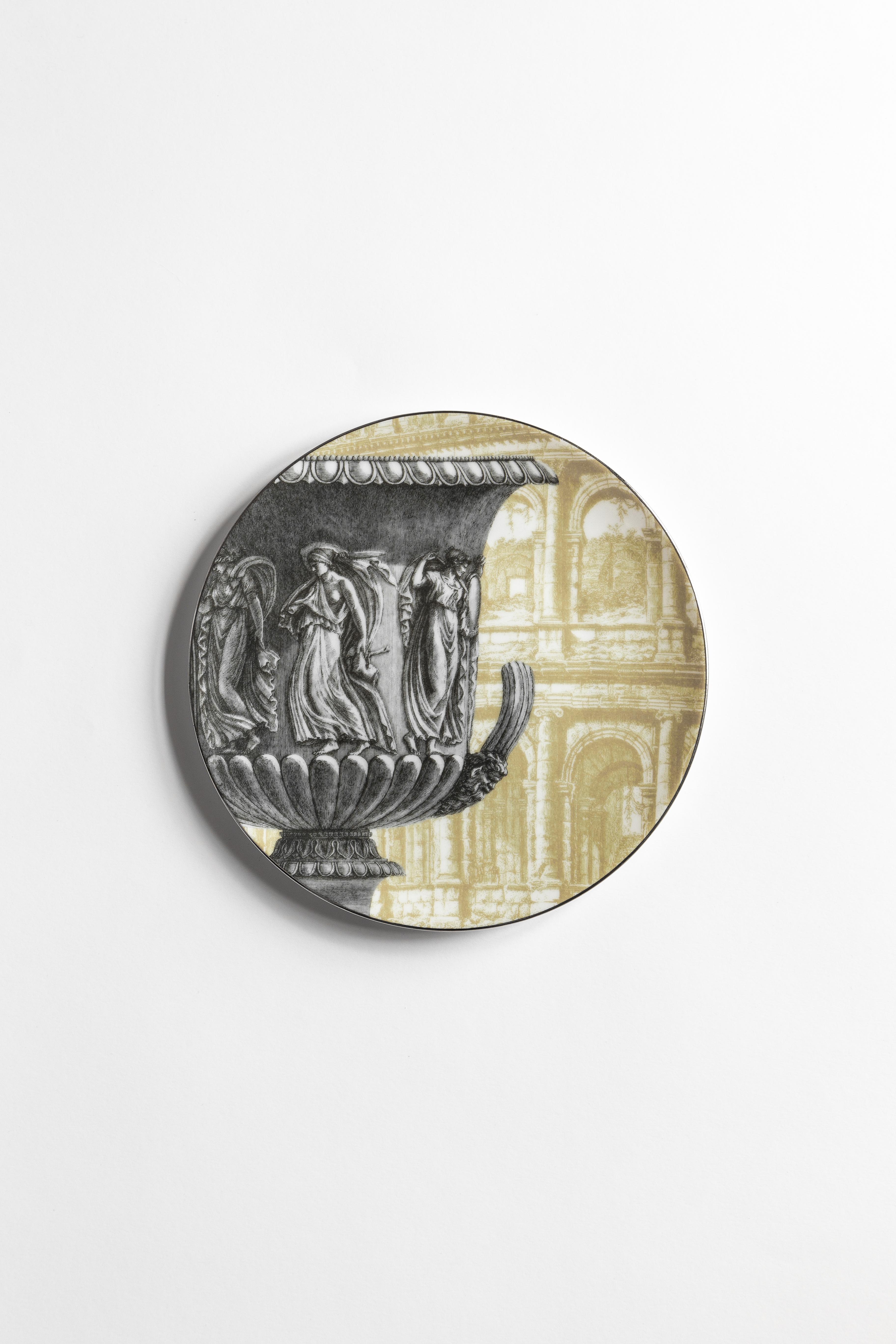 Roma, Six Contemporary Porcelain Dessert Plates with Decorative Design For Sale 1