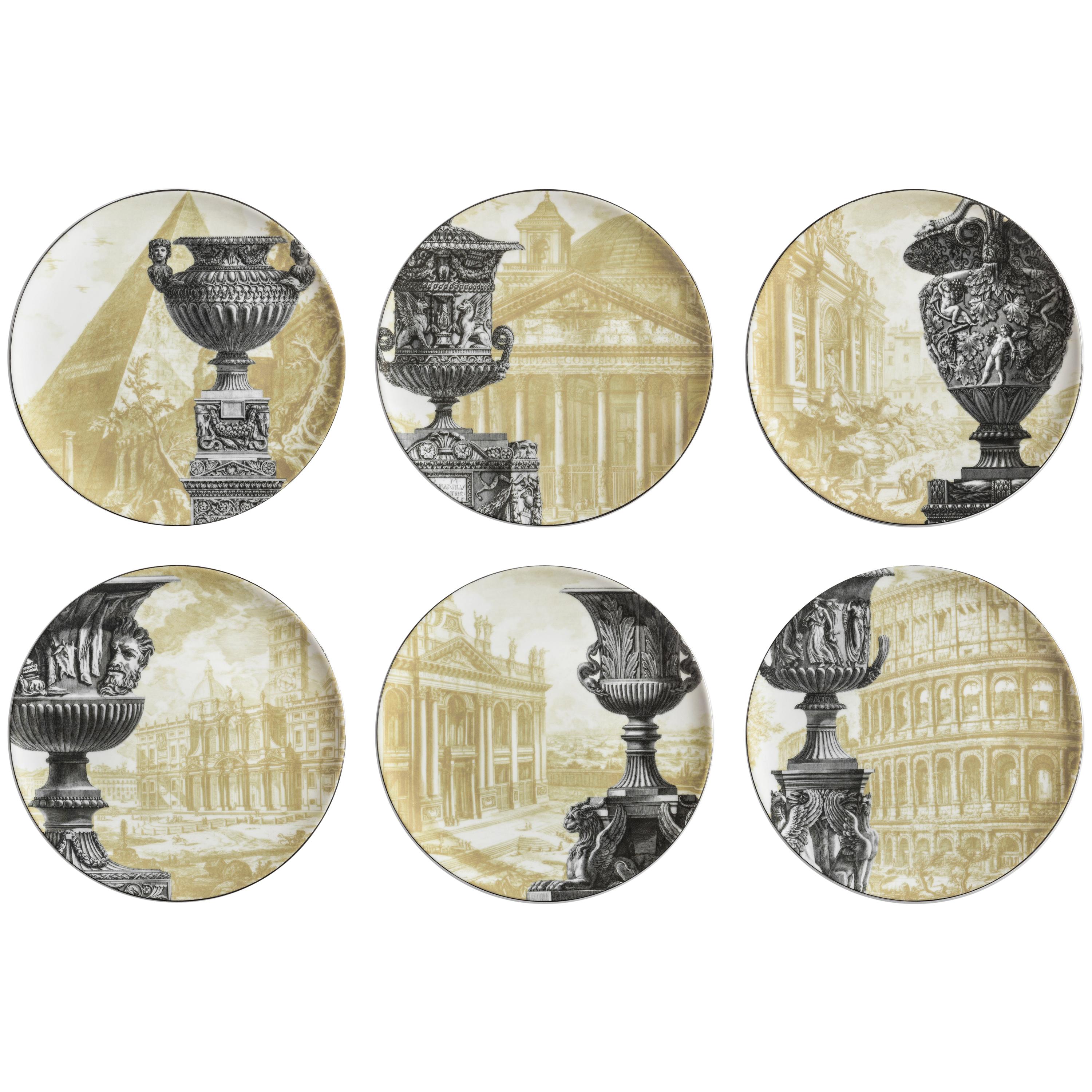 Roma, Six Contemporary Porcelain Dinner Plates with Decorative Design For Sale