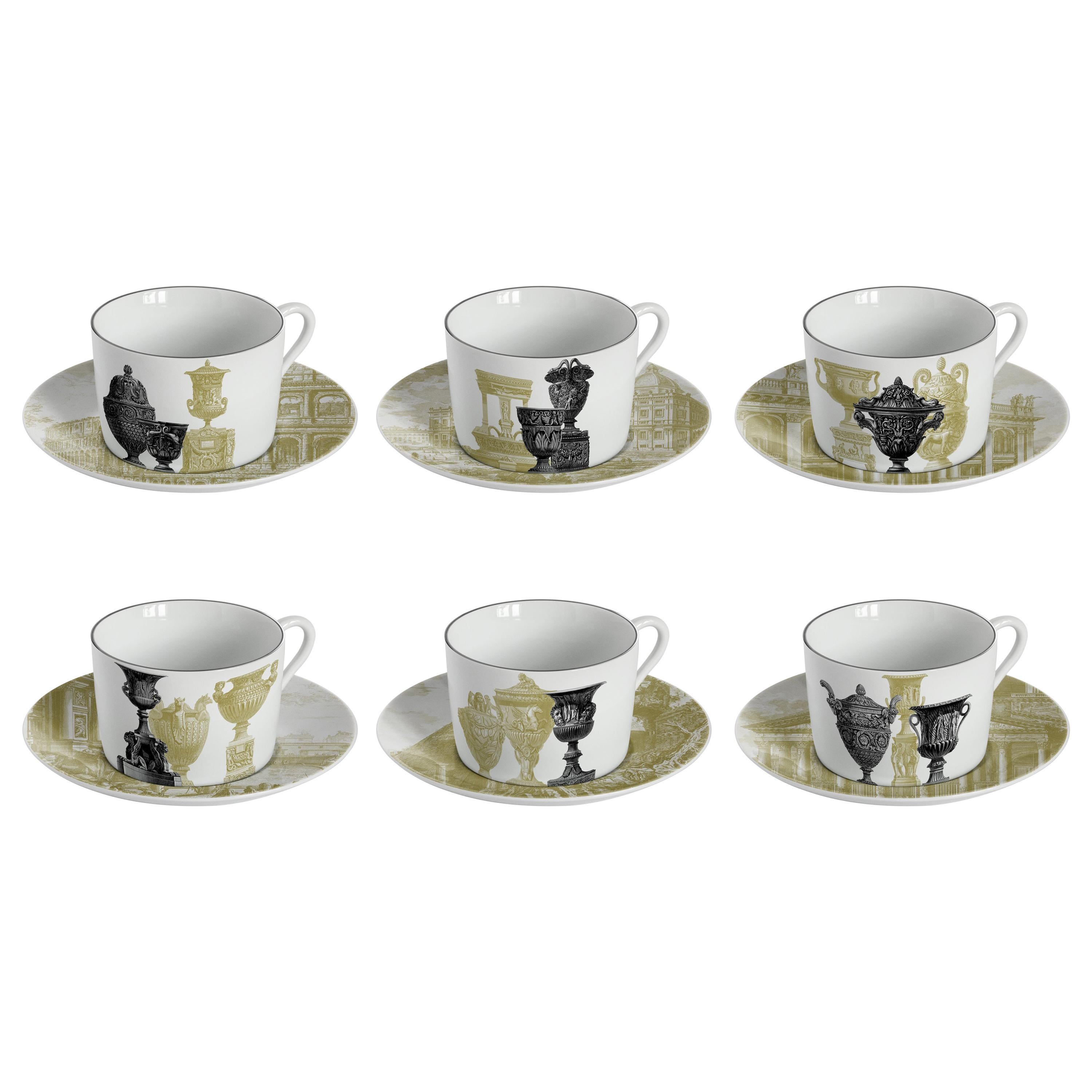 Roma, Tea Set with Six Contemporary Porcelains with Decorative Design For Sale