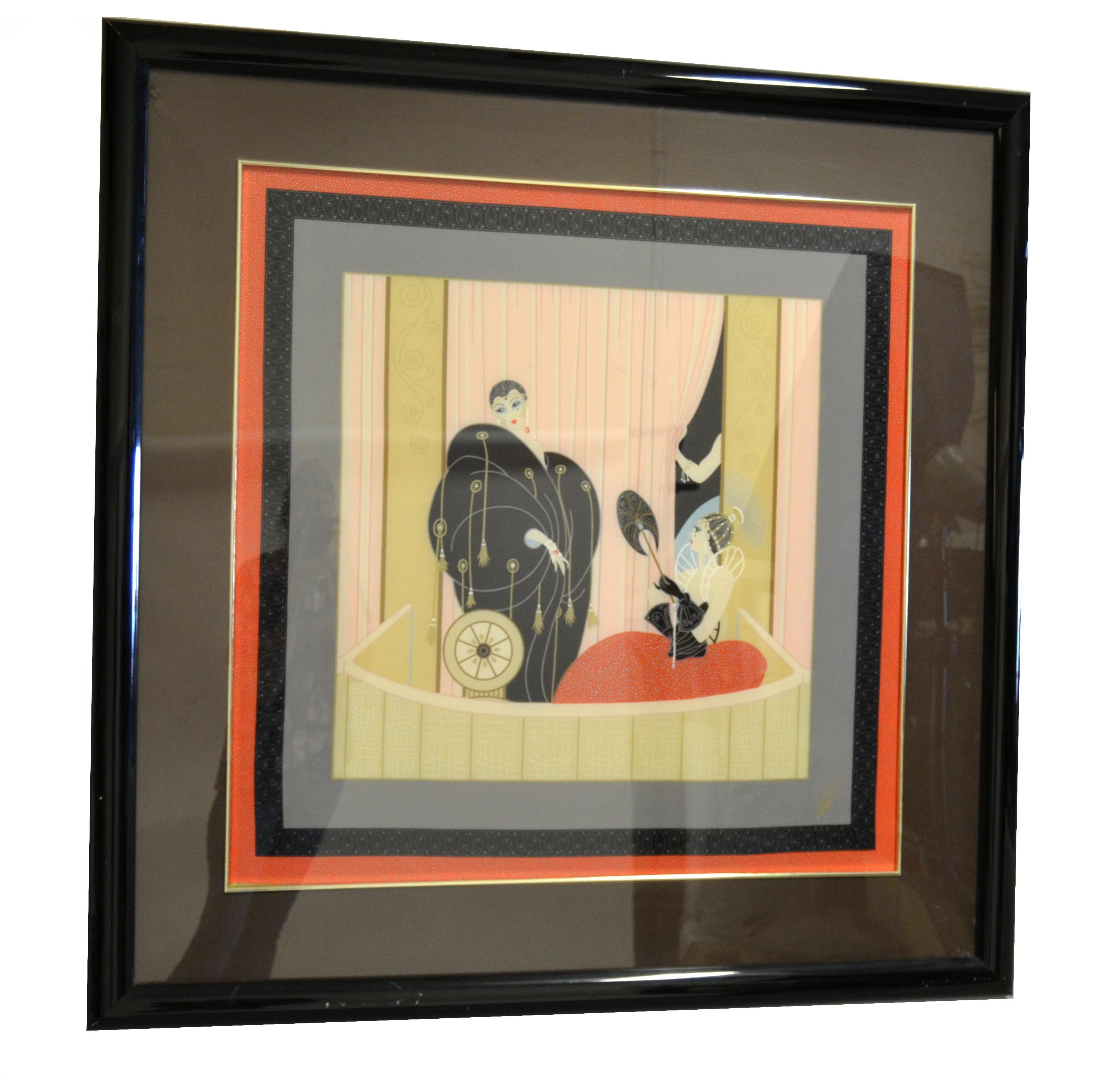 Art Deco framed silk sarf by Erté, titled LOGE de THEATRE made in the 1987 in France.
Black Gloss Wood Frame.
Signed on the Silk Scarf.
Silk Scarf Size measures: 31.75 x 32 inches.
Romain de Tirtoff was a Russian-born French artist and designer