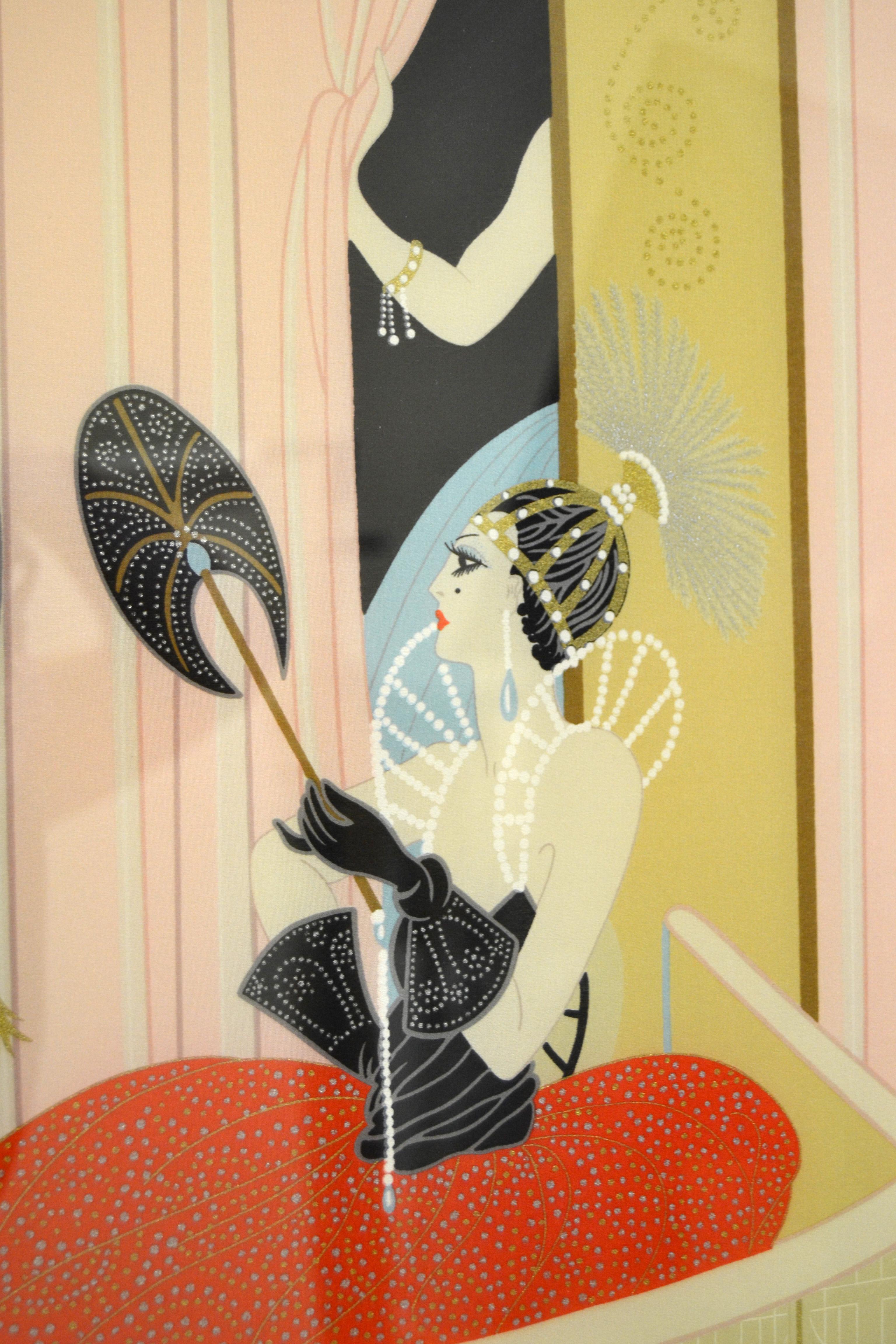 20th Century Romain de Tirtoff Erté 1987 Loge De Theatre Art Deco Framed Silk Scarf Wall Art For Sale
