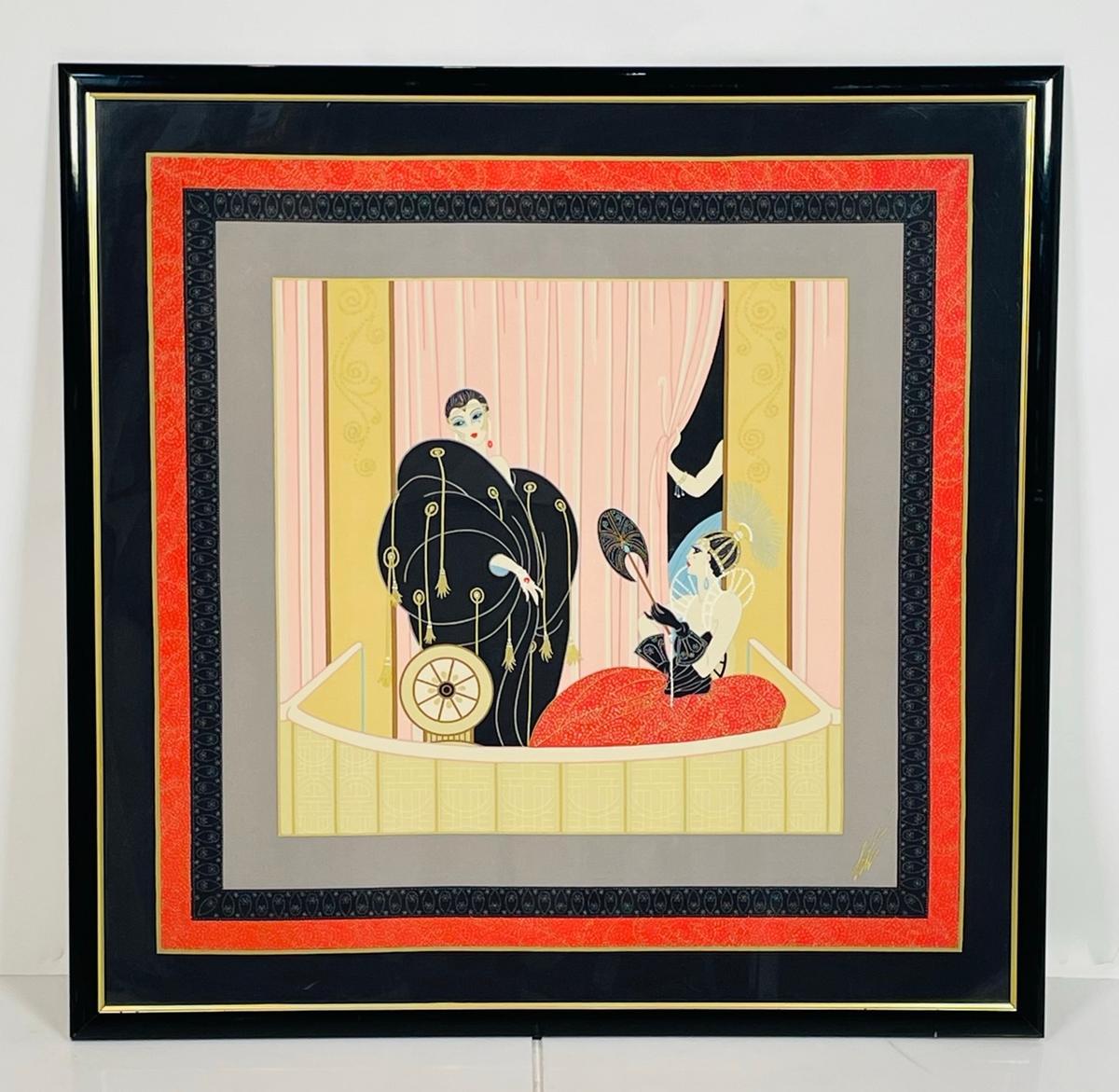 Introducing the exquisite Romain de Tirtoff Erté 1987 Loge De Theatre Framed Silk Scarf Wall Art, Signed. This stunning piece combines the elegance of a silk scarf with the allure of a captivating painting, serving as a unique and eye-catching