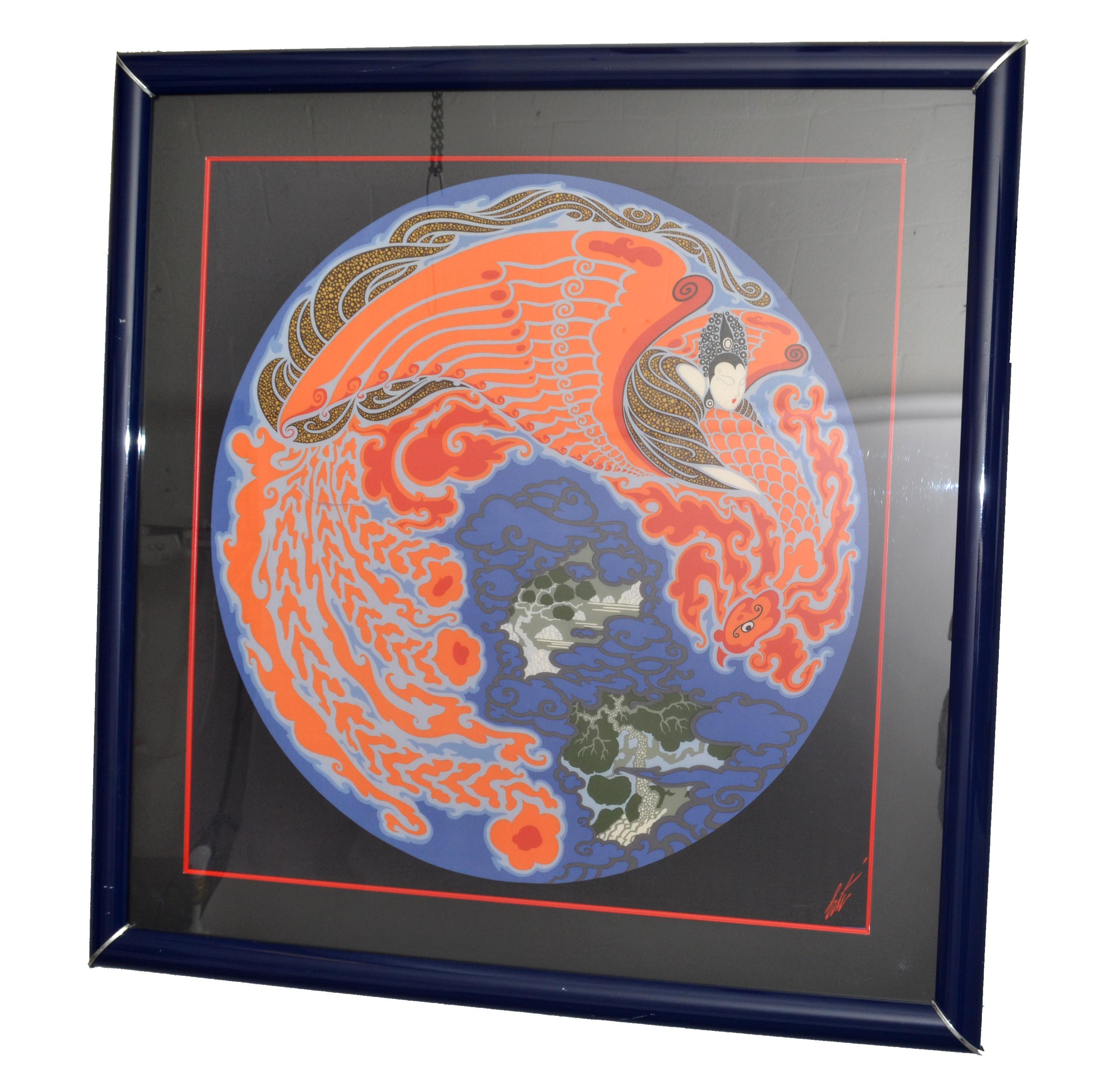 Art Deco framed silk sarf by Erté, titled dream Voyage scarf, signed lower right, depicting a female inside of world shaped image made in the early 1980s.
Royal blue wood frame with chrome decor.
Signed on the silk scarf.
Silk scarf size