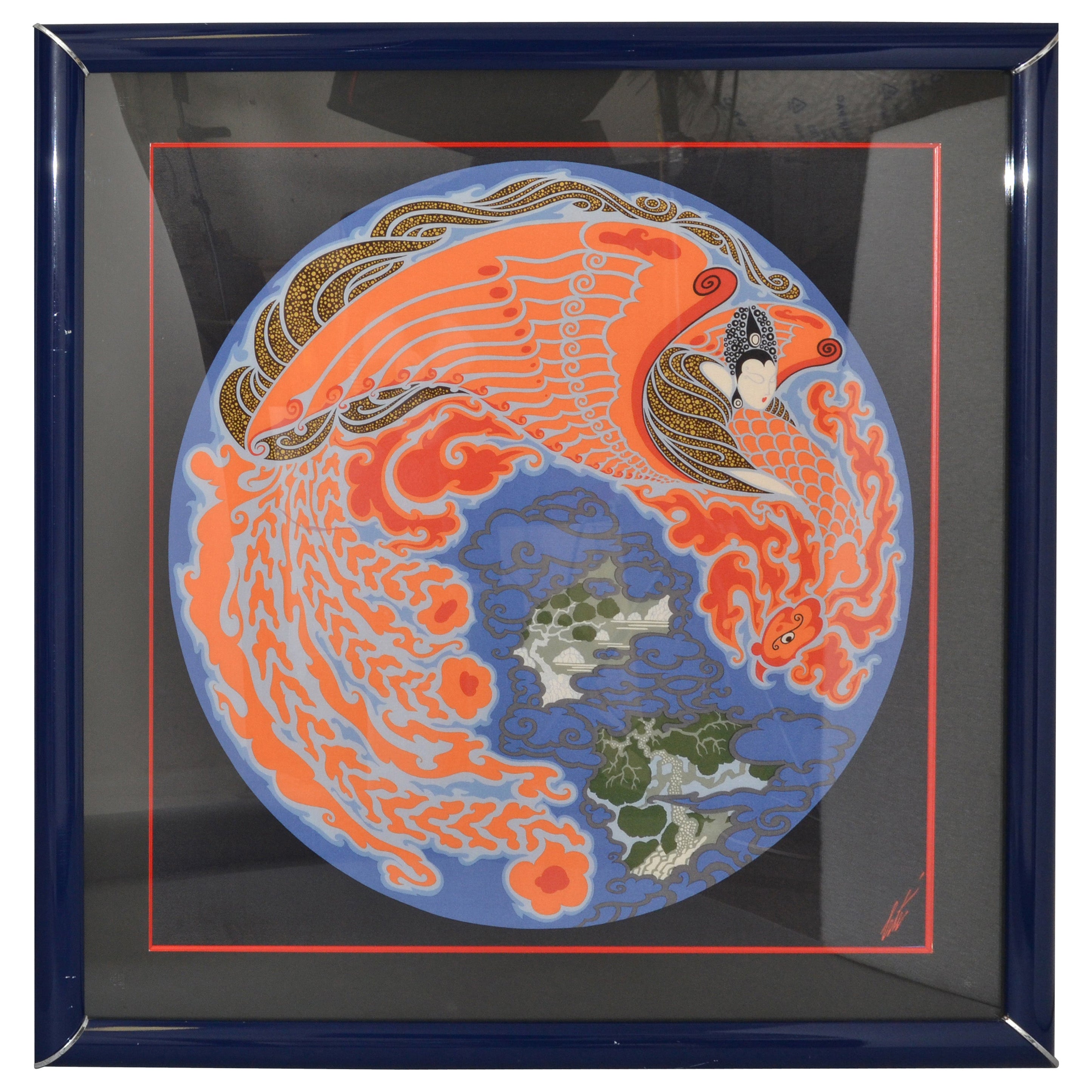 Romain De Tirtoff Erté Dream Voyage Art Deco Blau Gerahmter Seidenschal Wandkunst