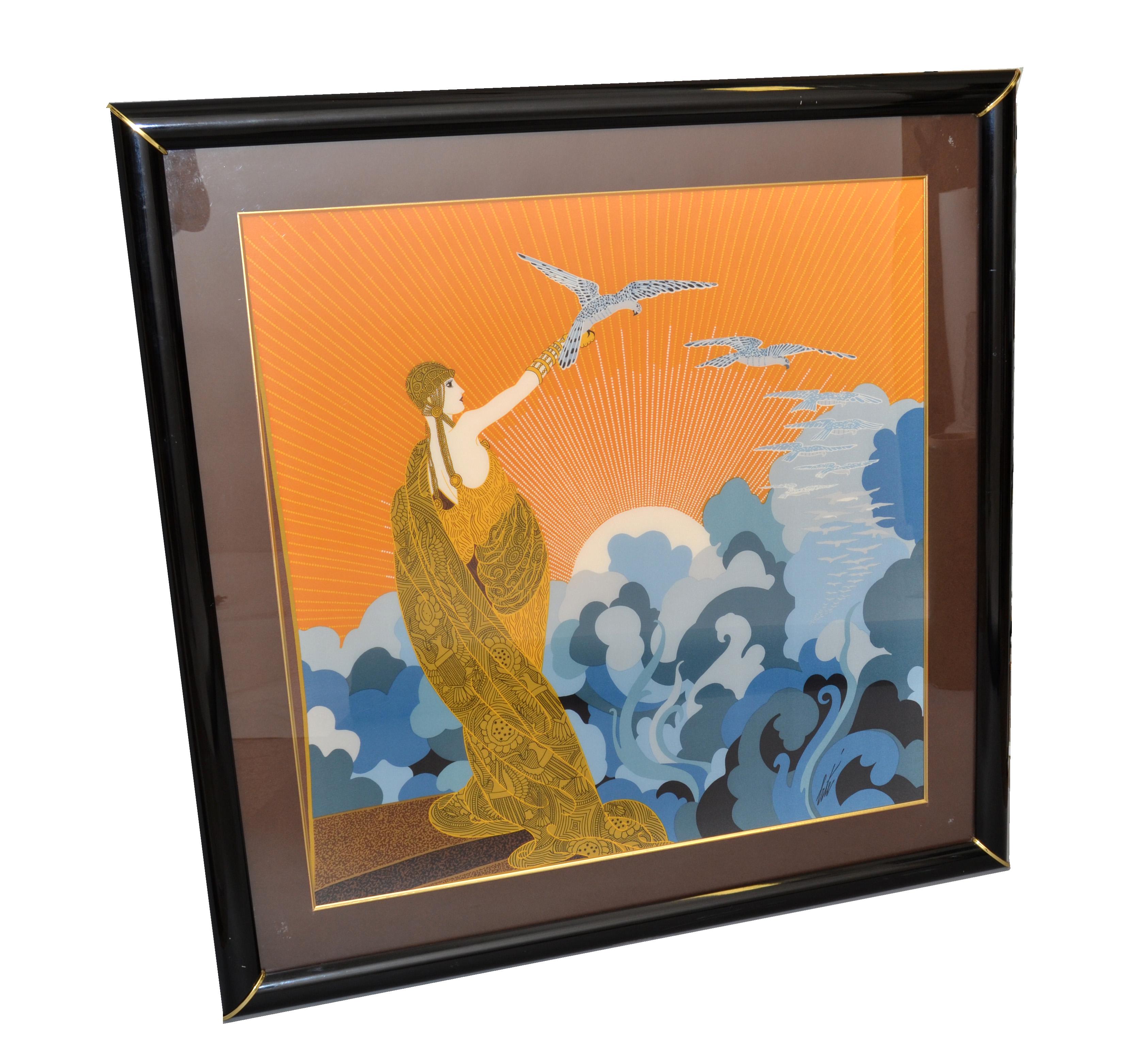 Art Deco Framed Silk Sarf by Erté, titled Wings of Victory made in the 1970.
Wood Frame with Brass Decor.
Signed on the Silk Scarf.
Silk Scarf Size measures: 31.75 x 32 inches.
Romain de Tirtoff was a Russian-born French artist and designer