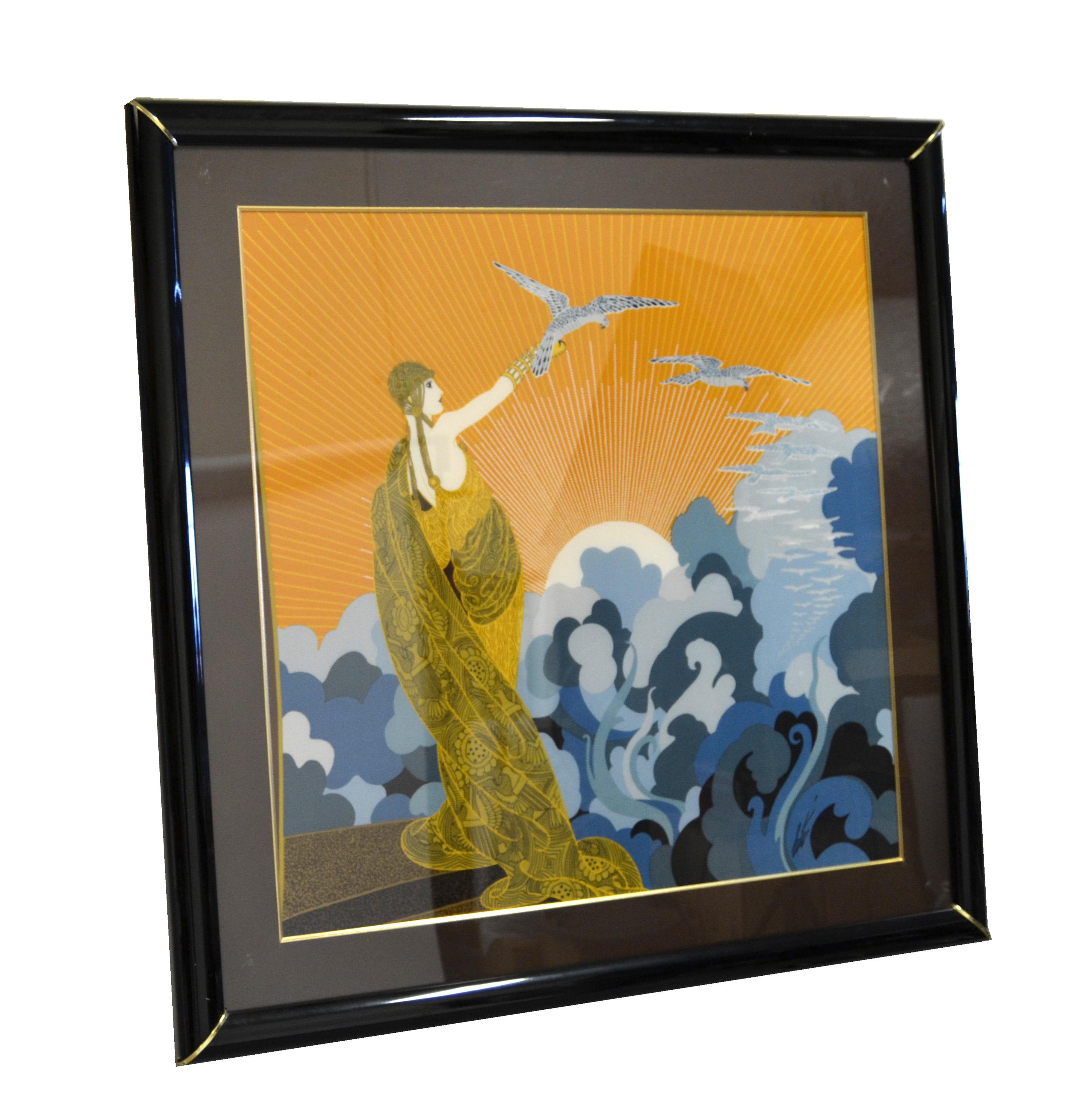 Romain de Tirtoff 'Erté' Wings of Victory Art Deco Framed Silk Scarf Wall Art In Good Condition For Sale In Miami, FL