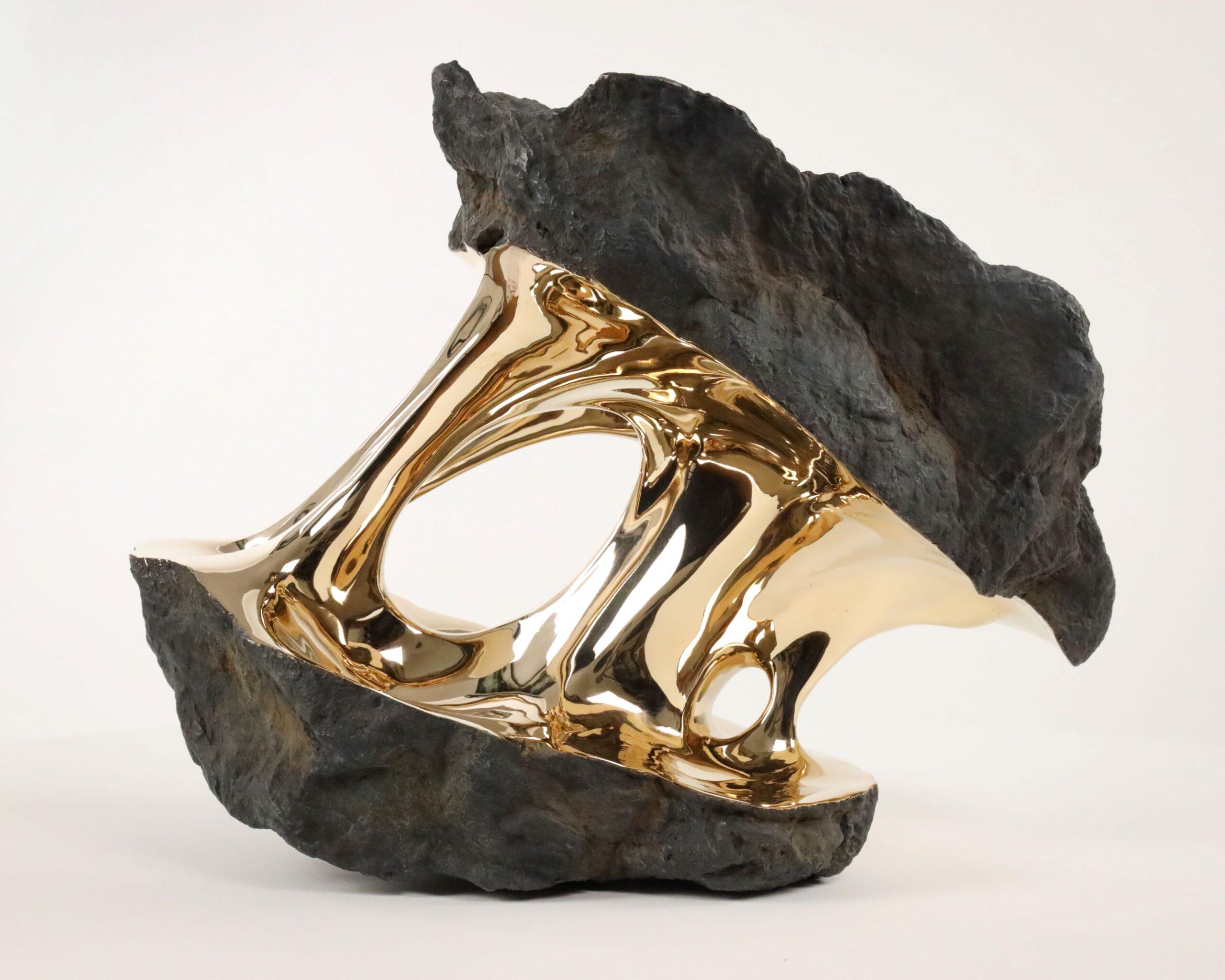 Alchemy by Romain Langlois - Rock-like bronze sculpture, golden, abstract For Sale 3