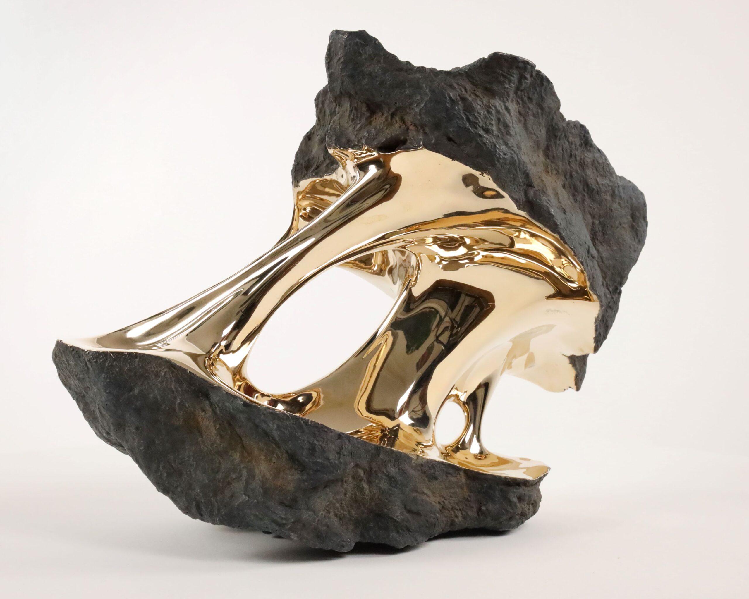 Alchemy by Romain Langlois - Rock-like bronze sculpture, golden, abstract For Sale 4
