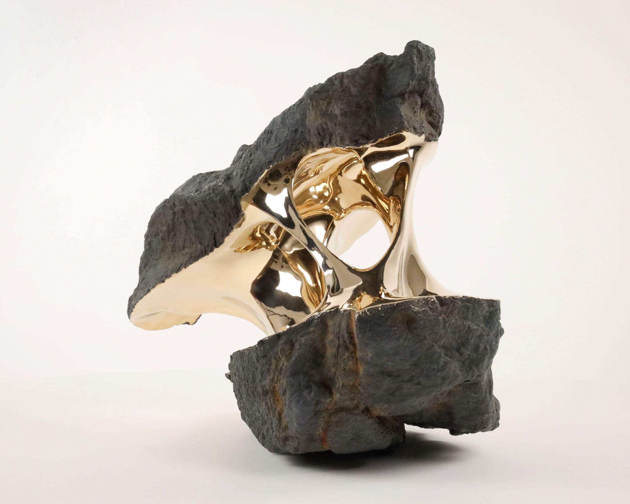 Alchemy by Romain Langlois - Rock-like bronze sculpture, golden, abstract For Sale 6