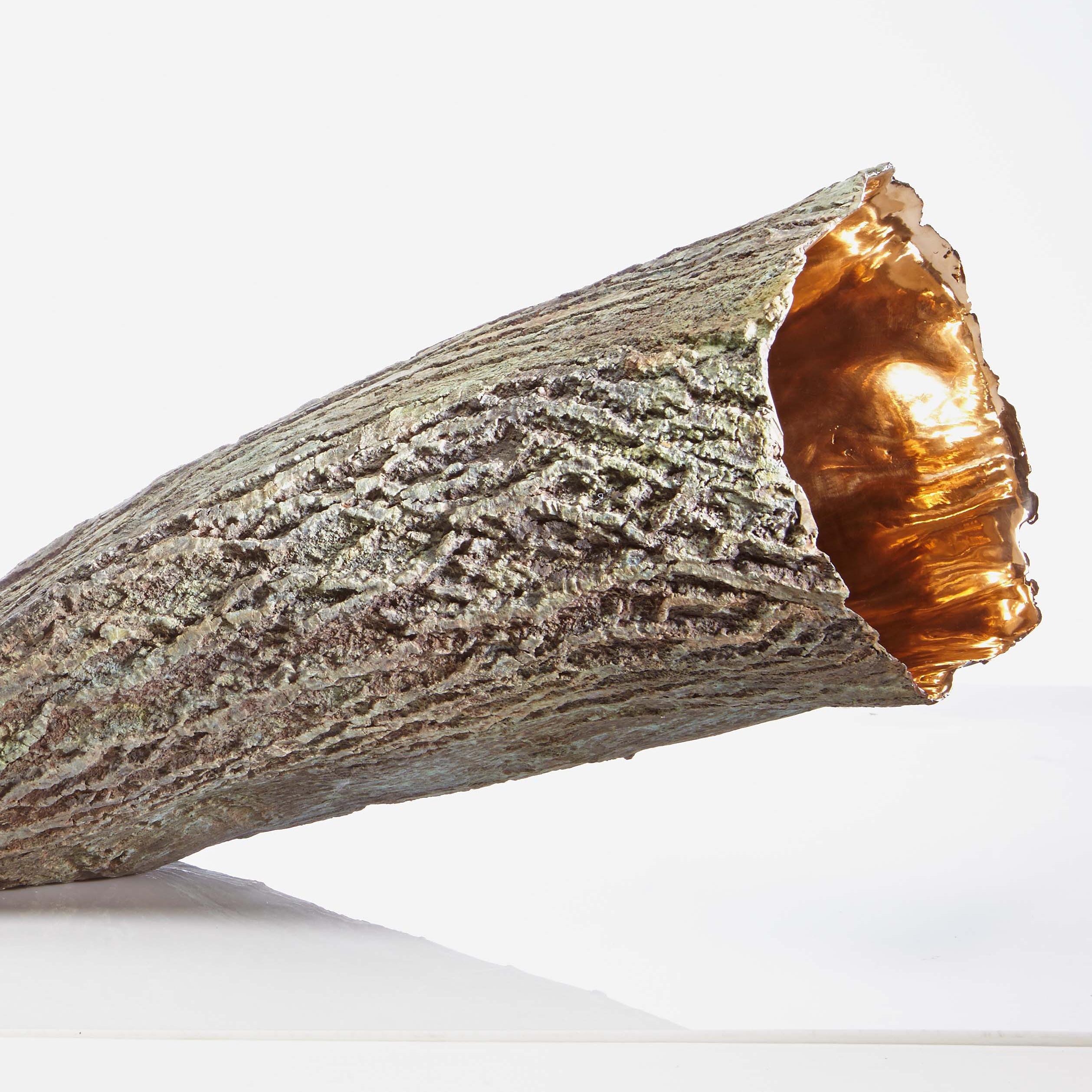 Container by Romain Langlois - Wood-like sculpture, golden bronze interior For Sale 2