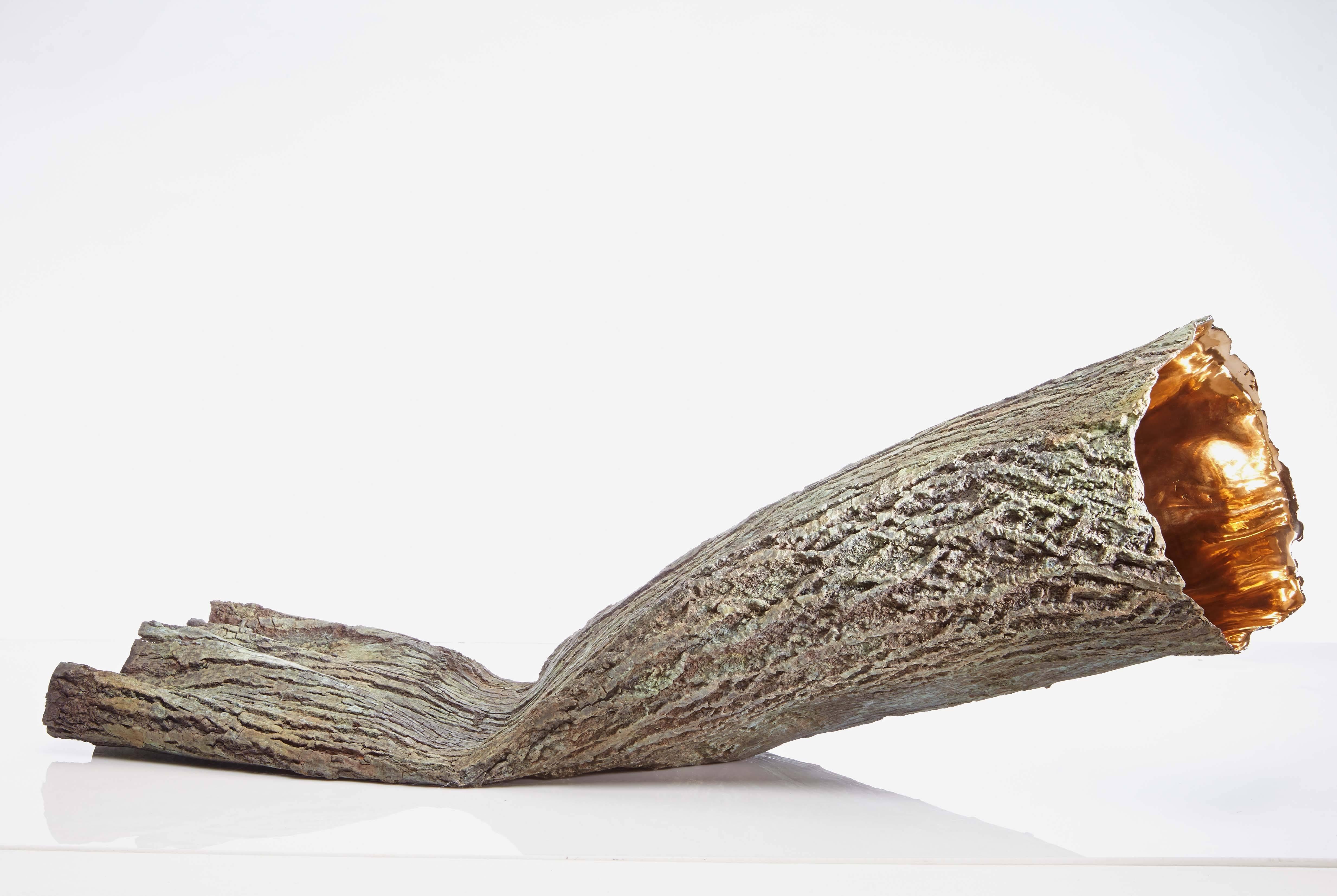 Container (2014) is a work by contemporary French artist Romain Langlois. 
Bronze, 39 cm × 106 cm × 26 cm. Edition of 8 & 4 A.P.
In this bronze sculpture, Romain Langlois has produced a really realistic imitation of tree bark. The textures are