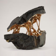Gaïa by Romain Langlois - Boulder-like bronze sculpture, golden