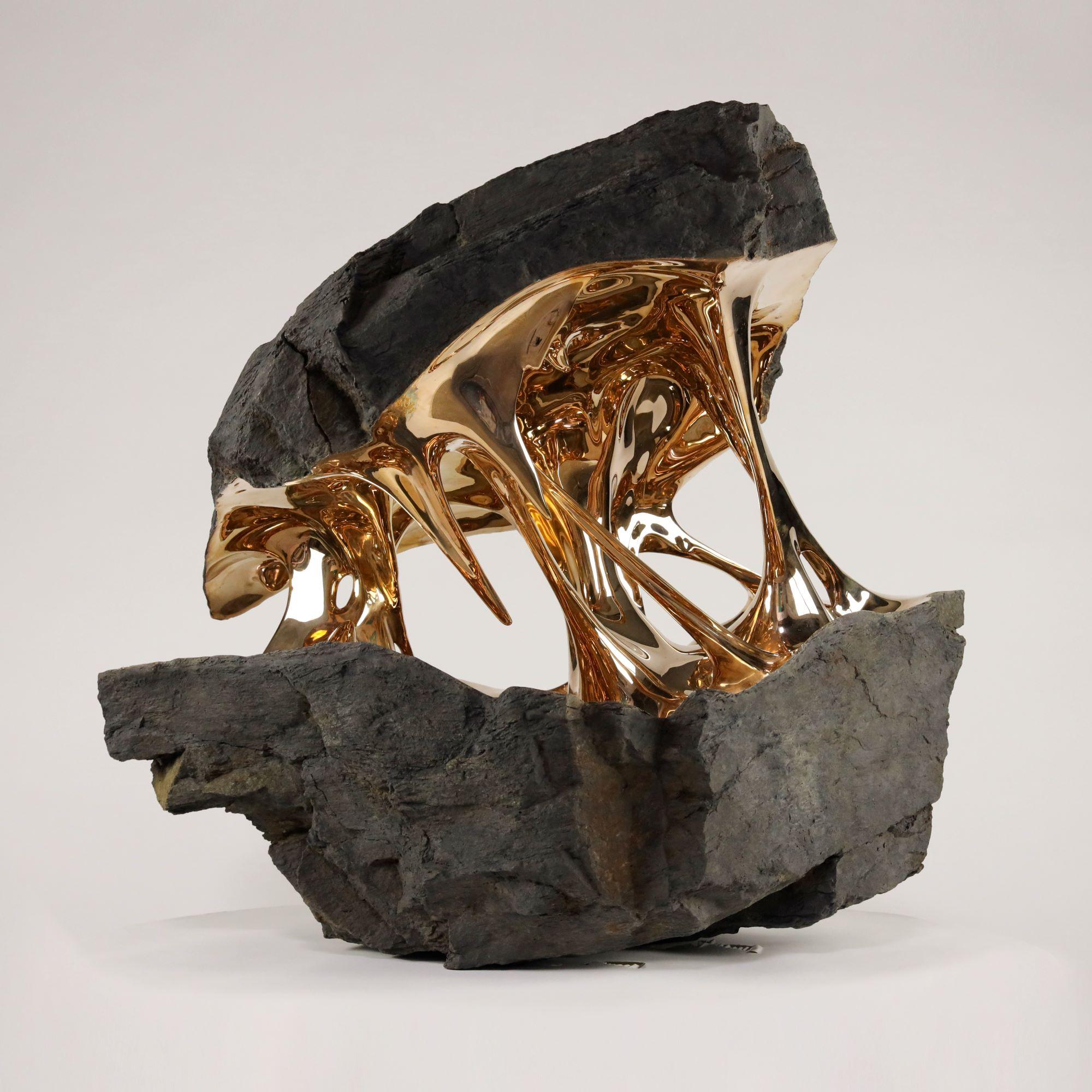 Gaïa by Romain Langlois - Rock-like bronze sculpture, golden, abstract For Sale 13