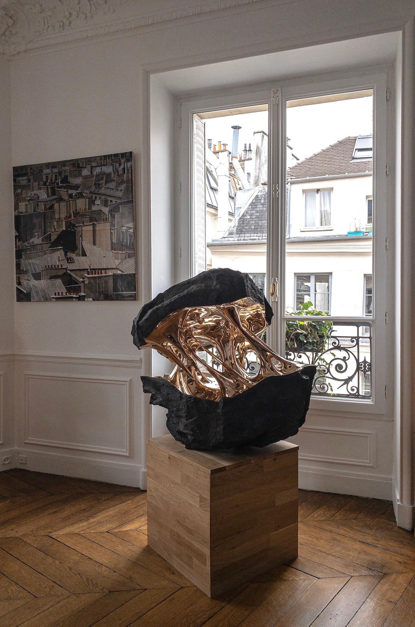 Gaïa by Romain Langlois - Rock-like bronze sculpture, golden, abstract For Sale 6