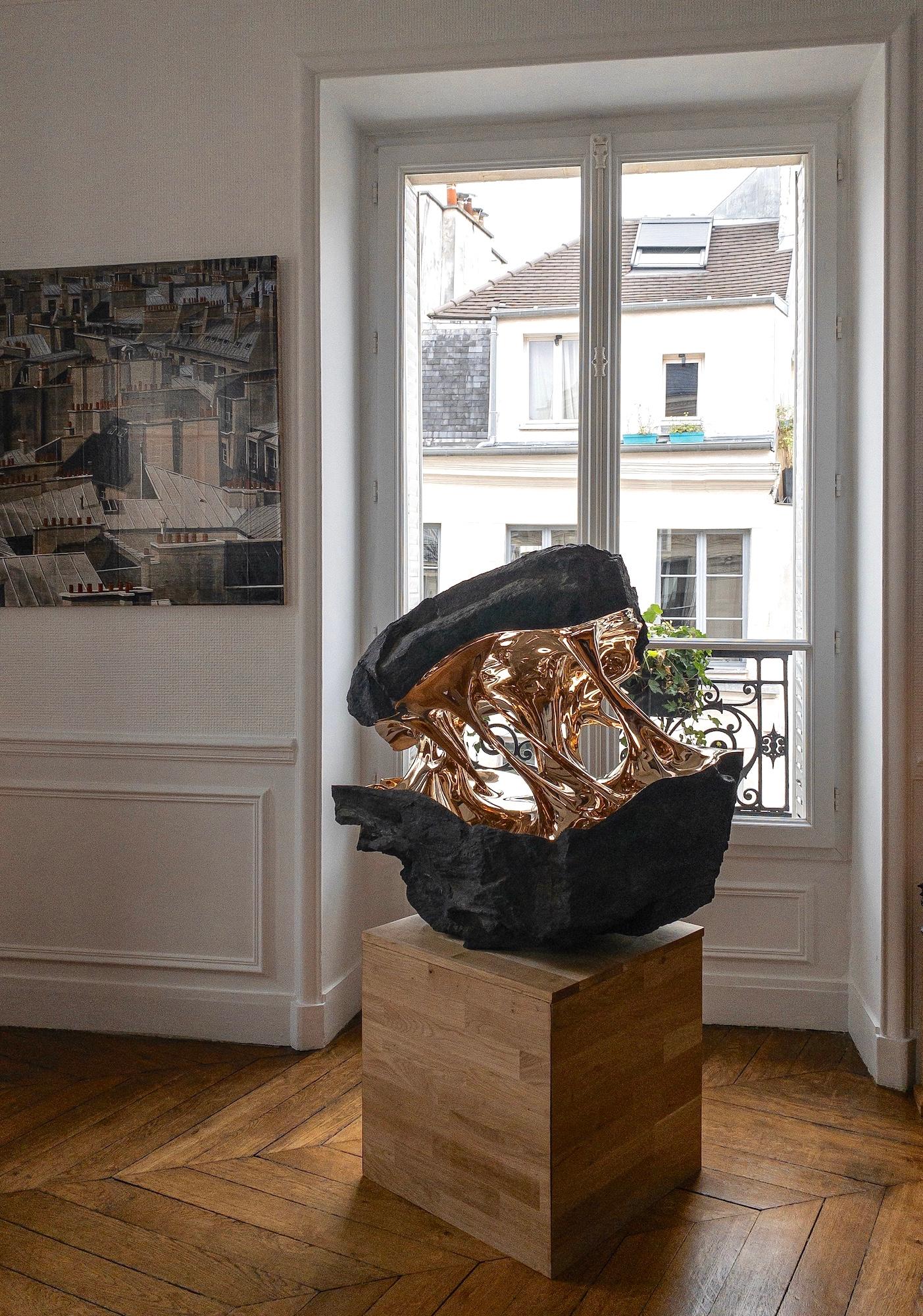 Gaïa by Romain Langlois - Rock-like bronze sculpture, golden, abstract For Sale 7