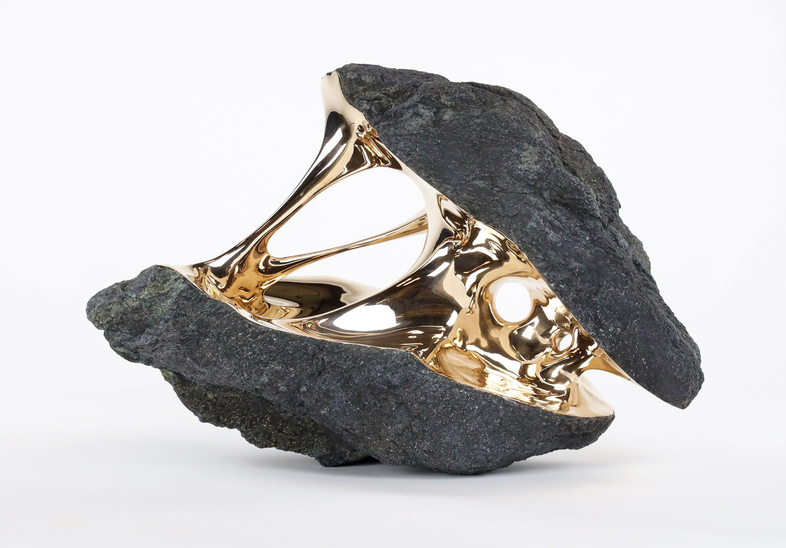 Romain Langlois Abstract Sculpture - Gravity - Rock-like bronze sculpture