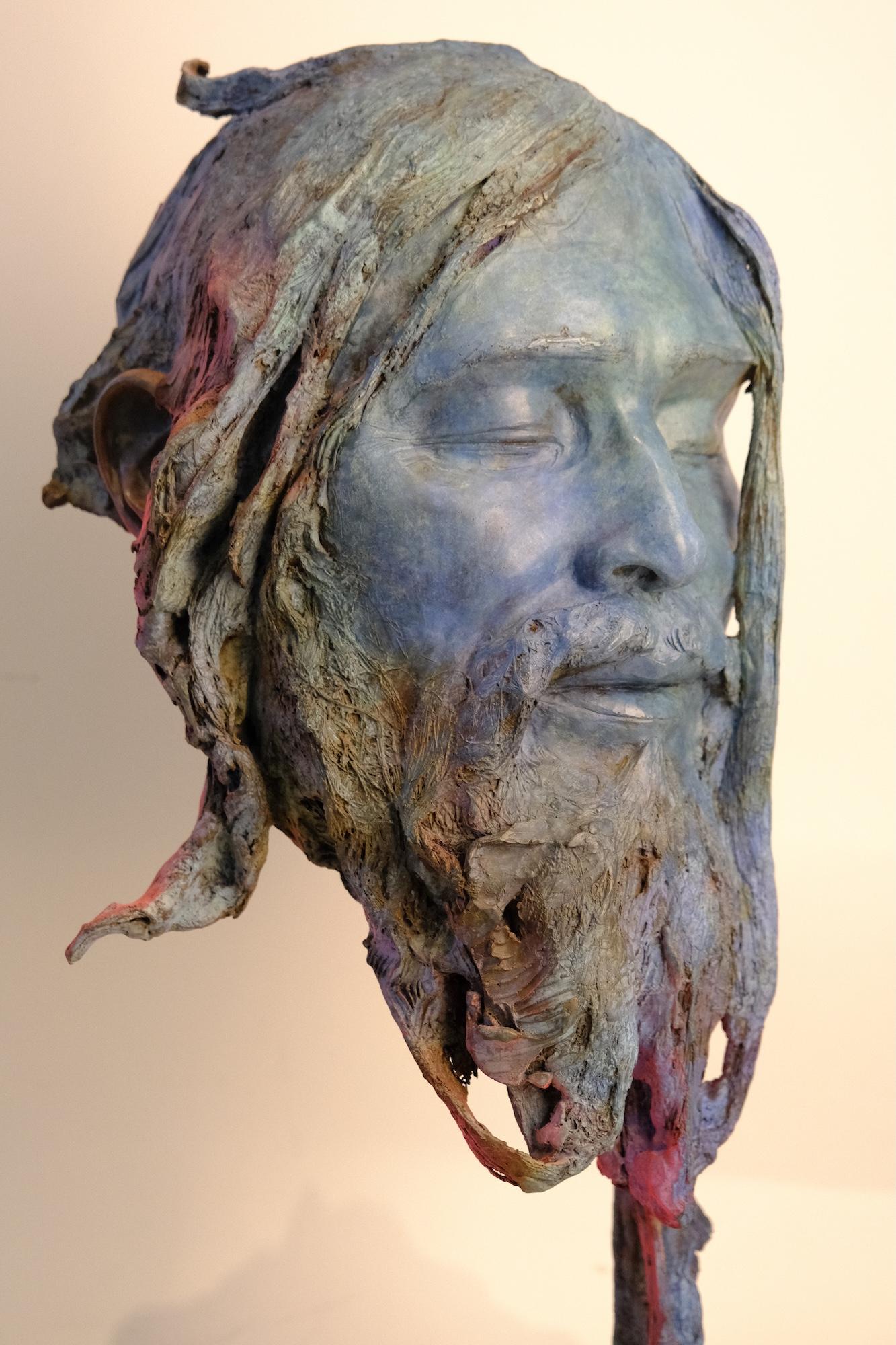 Holi by Romain Langlois - Figurative bronze sculpture, dark, man, spiritual
