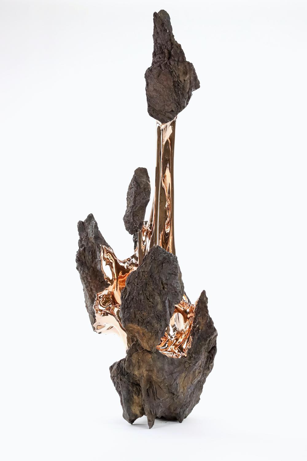 Hyakutake by Romain Langlois - Rock-like bronze sculpture, golden, abstract For Sale 1