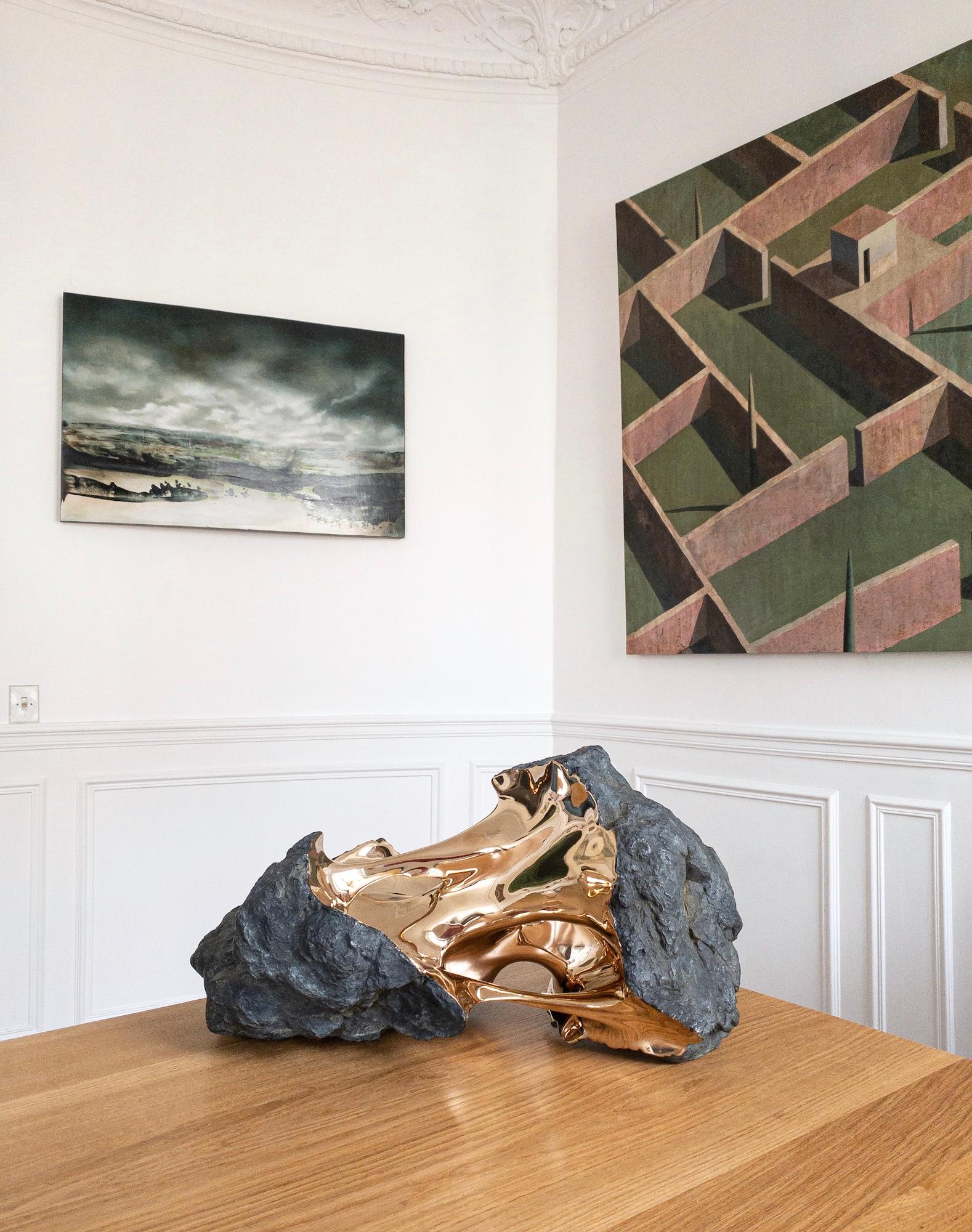 Kairos by Romain Langlois - Rock-like bronze sculpture, golden, abstract en venta 1