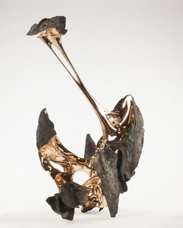 Bronze sculpture, black tourmaline patina, 102 cm × 64 cm × 88 cm. Edition of 8 + 4 A.P.
Serendipity refers to the idea of making a fortunate discovery. The liquid appearance of the centre of the piece symbolizes natural perpetual evolution, from