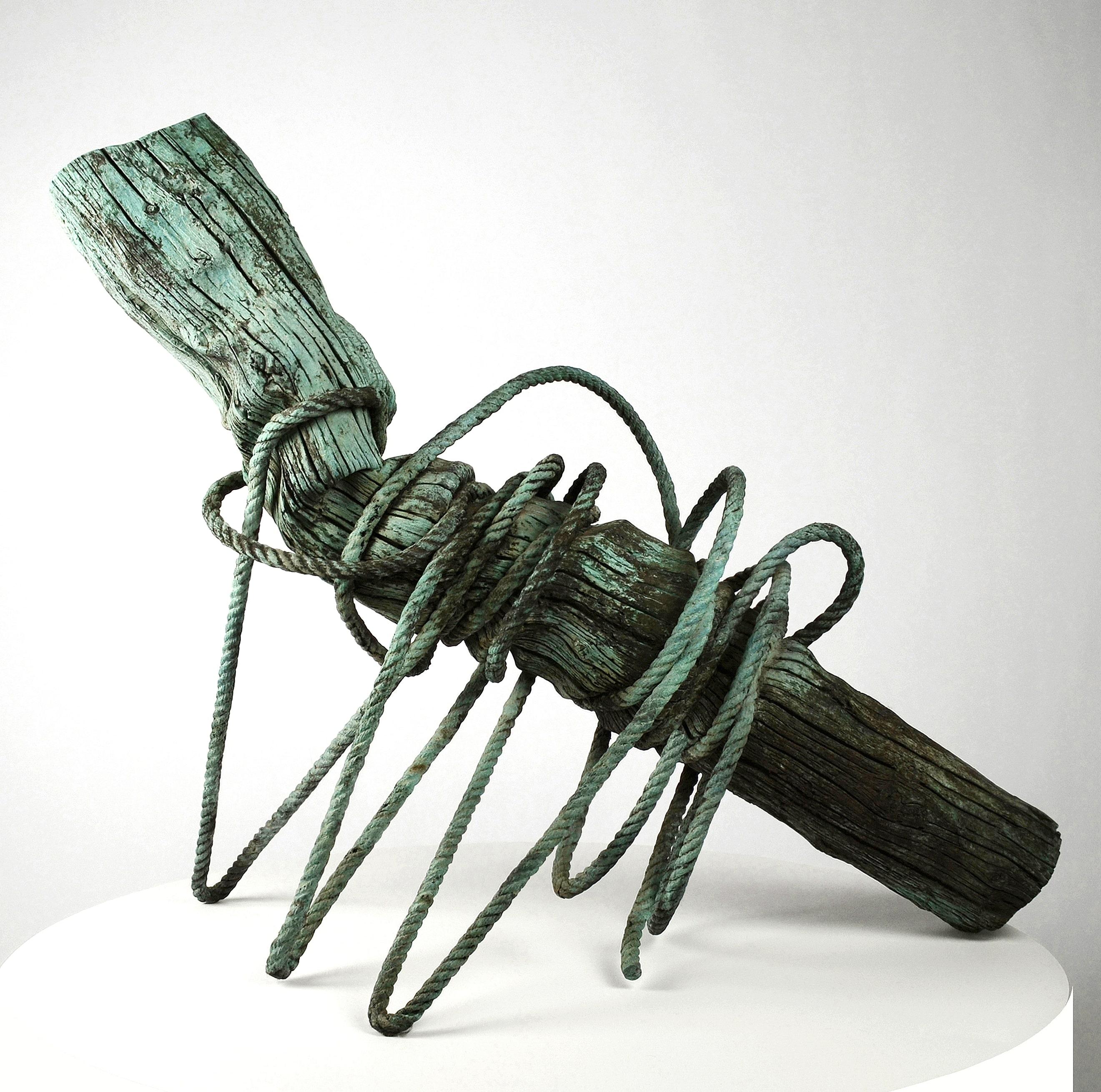 The Anthropocene by Romain Langlois - Wood-like bronze sculpture, green patina For Sale 1