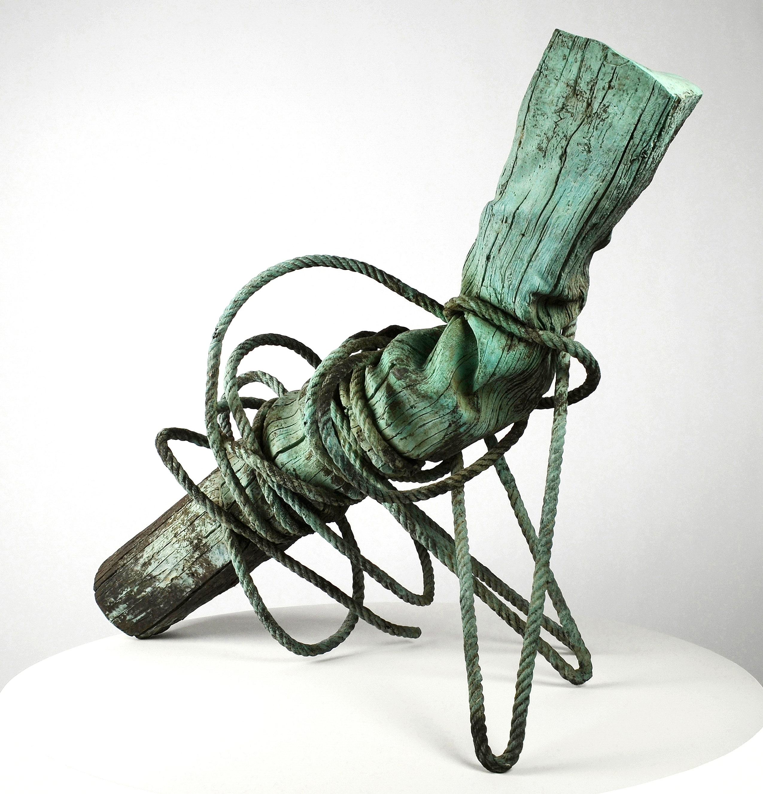The Anthropocene by Romain Langlois - Wood-like bronze sculpture, green patina For Sale 2