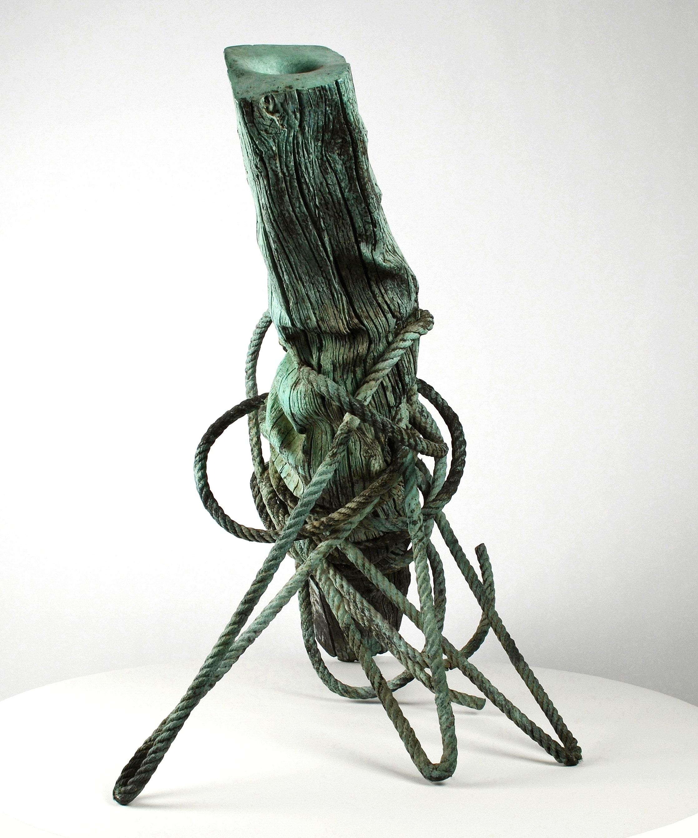 The Anthropocene by Romain Langlois - Wood-like bronze sculpture, green patina For Sale 3