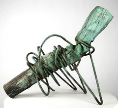 Used The Anthropocene by Romain Langlois - Wood-like bronze sculpture, green patina