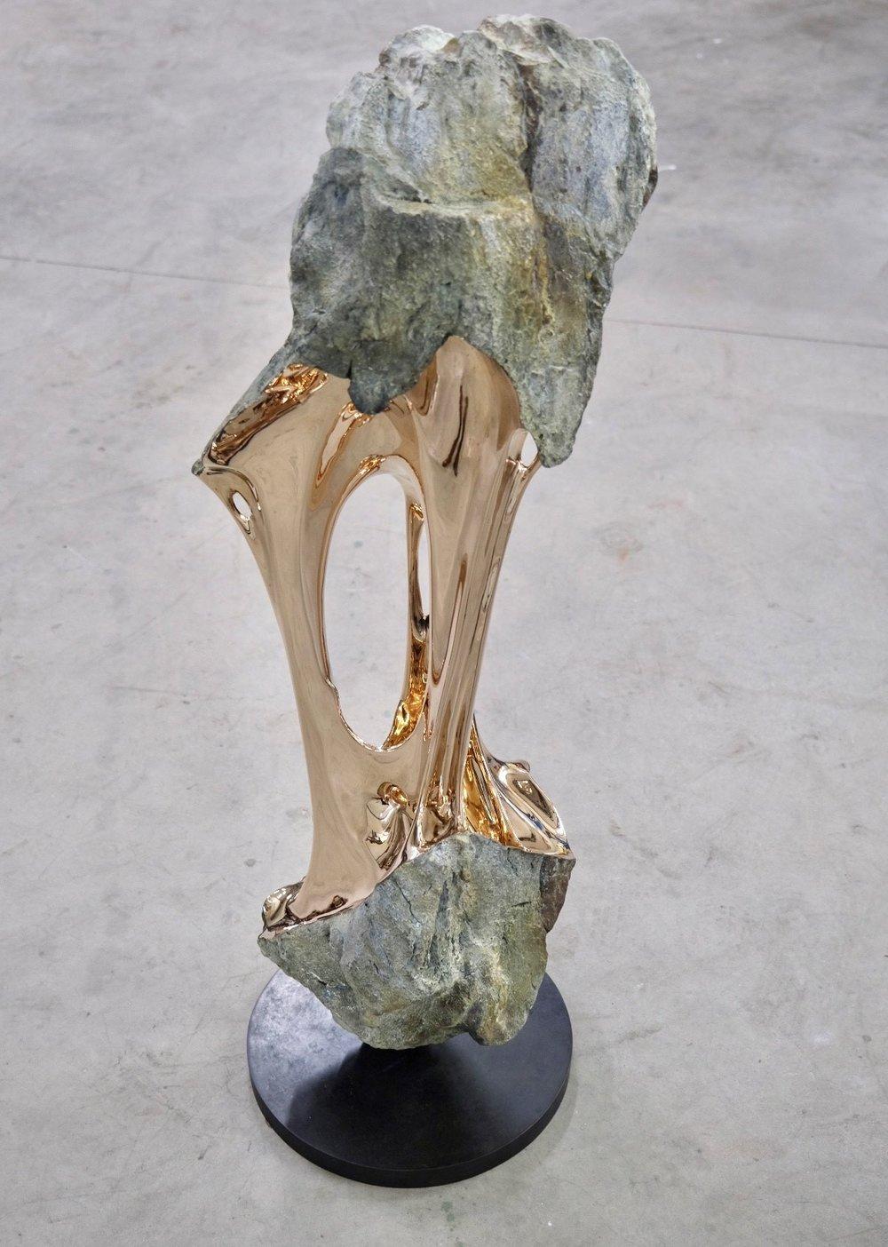 The Mountain & The River by Romain Langlois - Rock-like bronze sculpture, golden For Sale 1