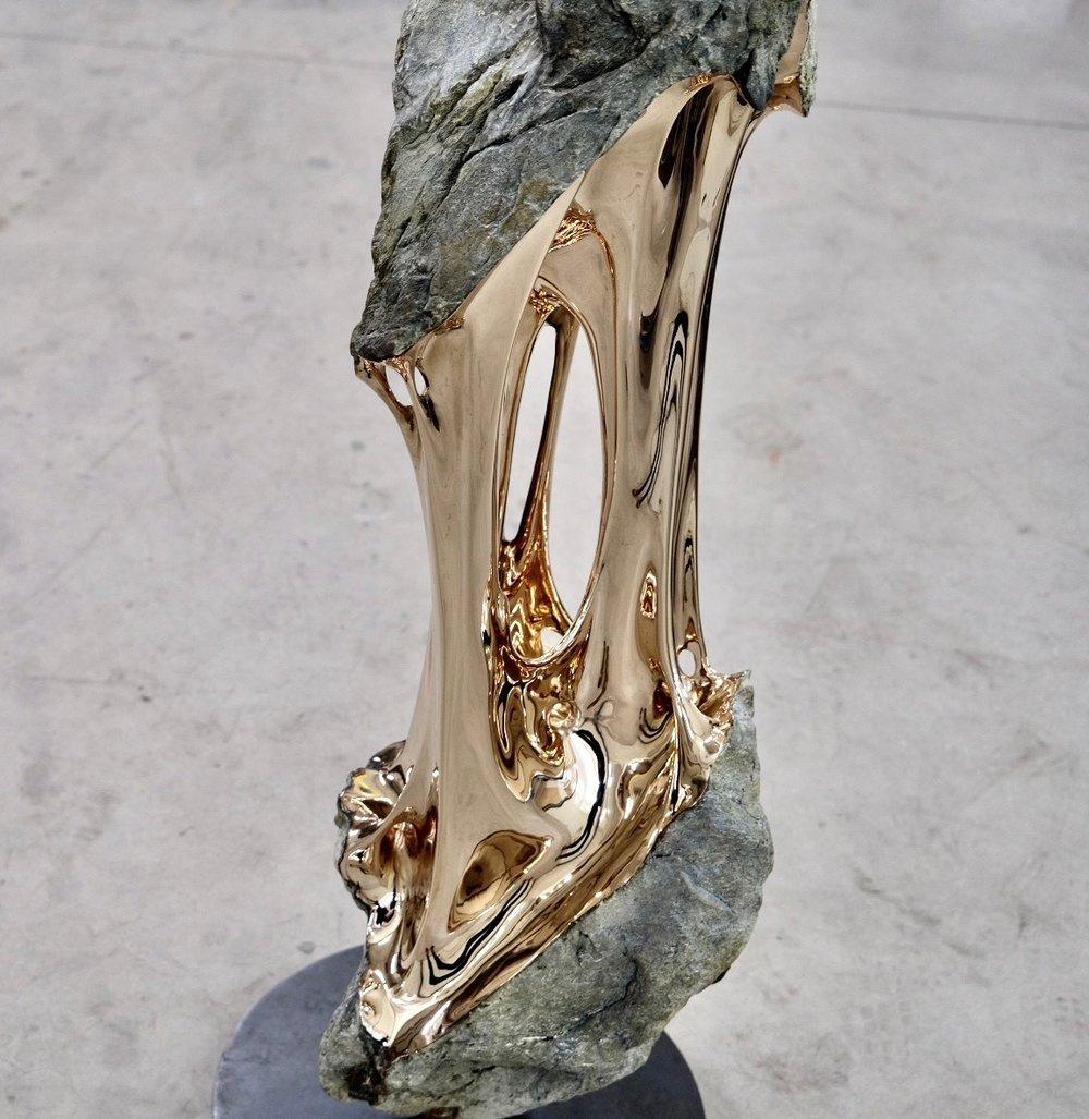 The Mountain & The River by Romain Langlois - Rock-like bronze sculpture, golden For Sale 3