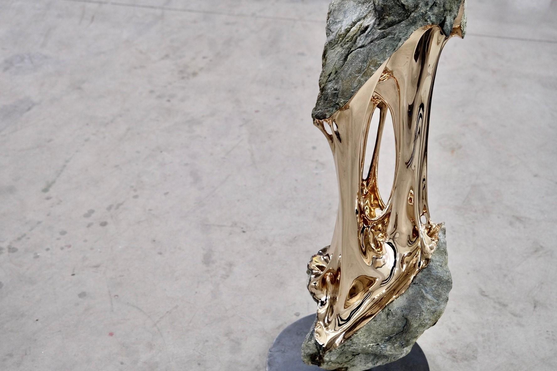 The Mountain & The River by Romain Langlois - Rock-like bronze sculpture, golden For Sale 7
