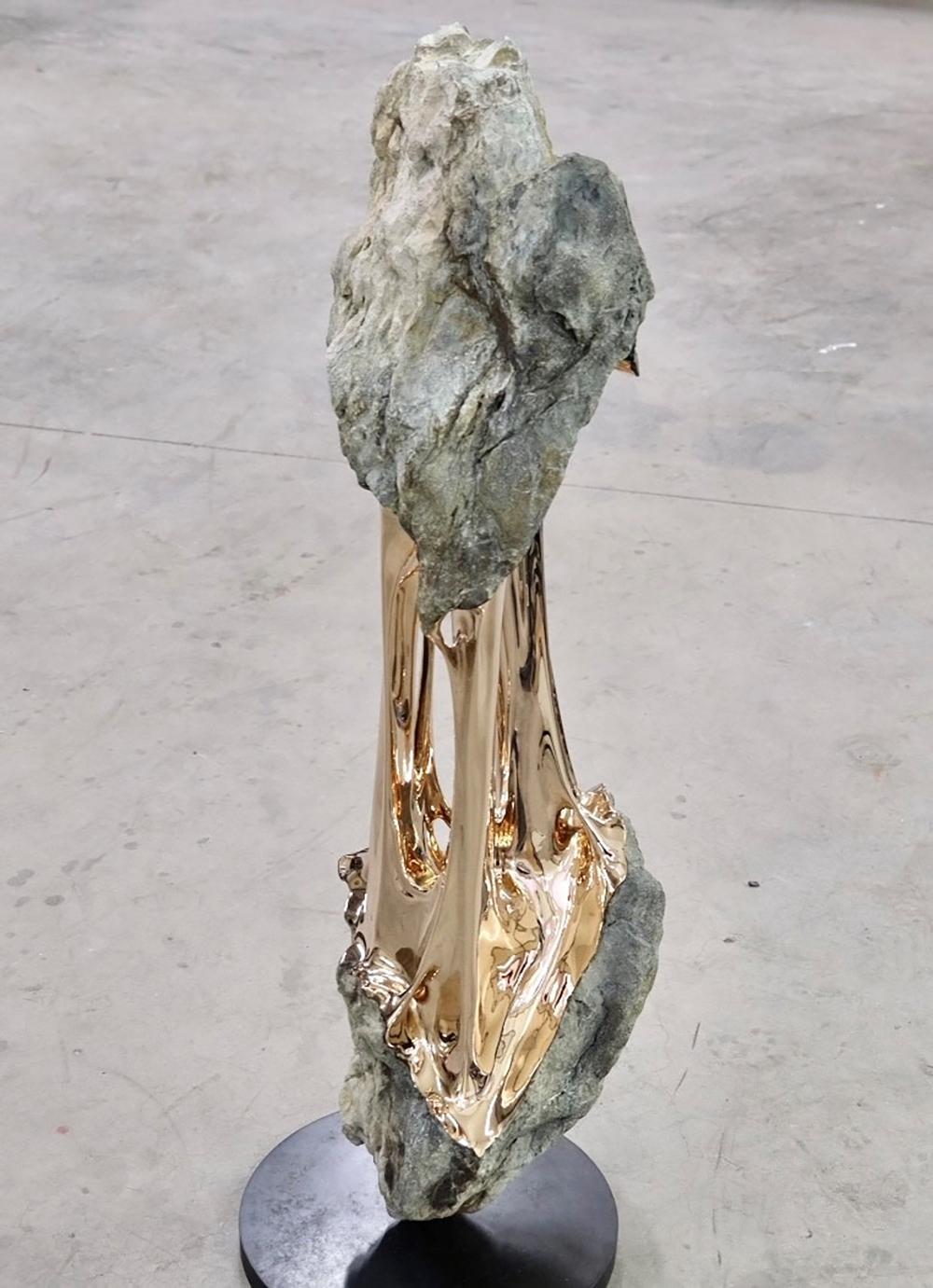 The Mountain & The River by Romain Langlois - Rock-like bronze sculpture, golden For Sale 8