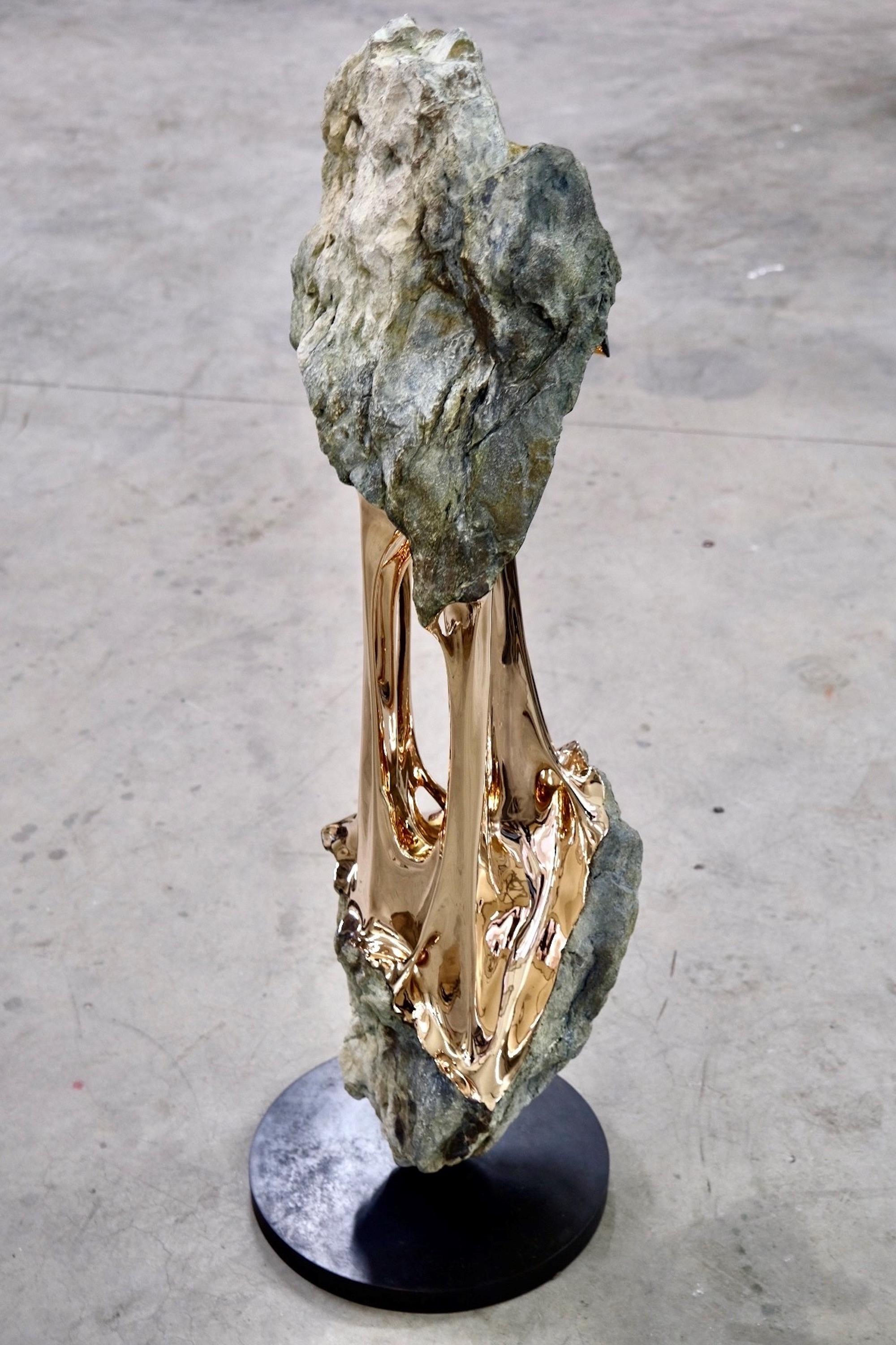 The Mountain & The River by Romain Langlois - Rock-like Bronze Sculpture, Golden