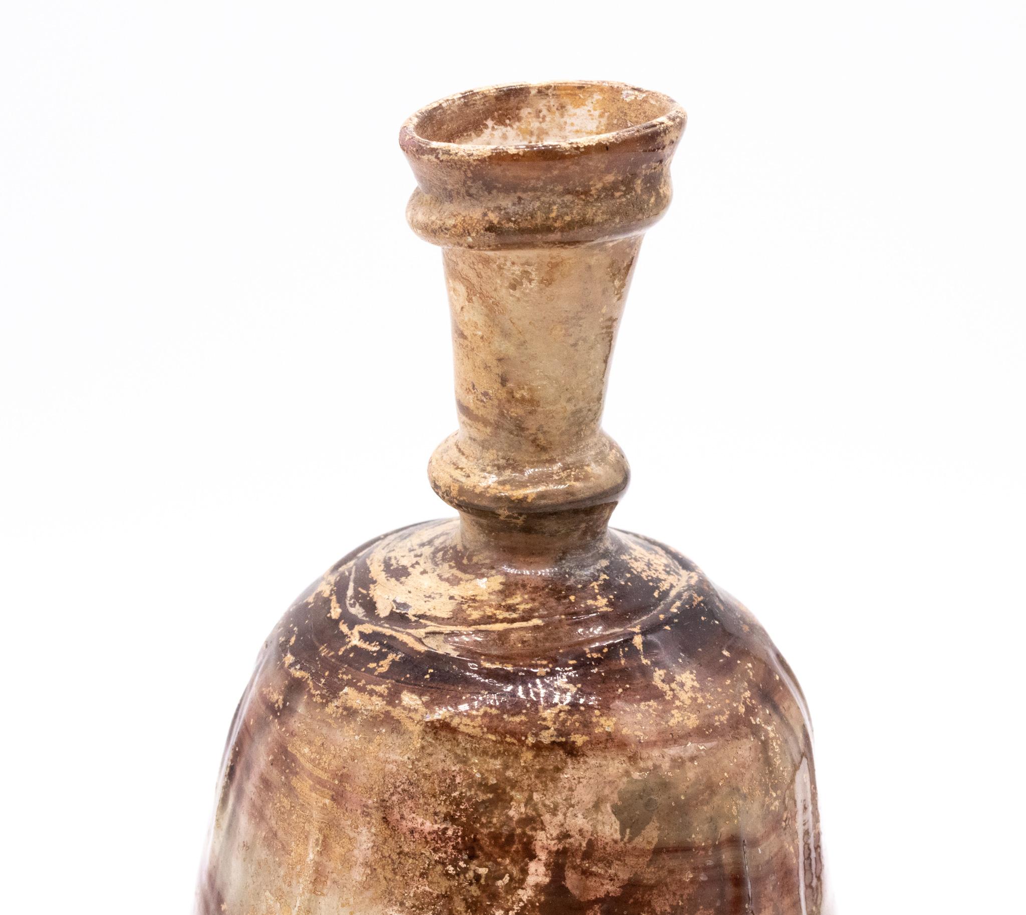 Italian Roman 100-400 AD Ancient Greenish Glass Swirled Sprinkler Flask In Perfect Shape For Sale