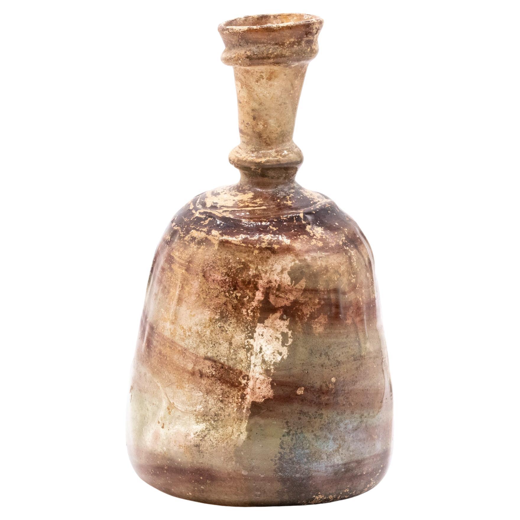 Roman 100-400 AD Ancient Greenish Glass Swirled Sprinkler Flask In Perfect Shape For Sale