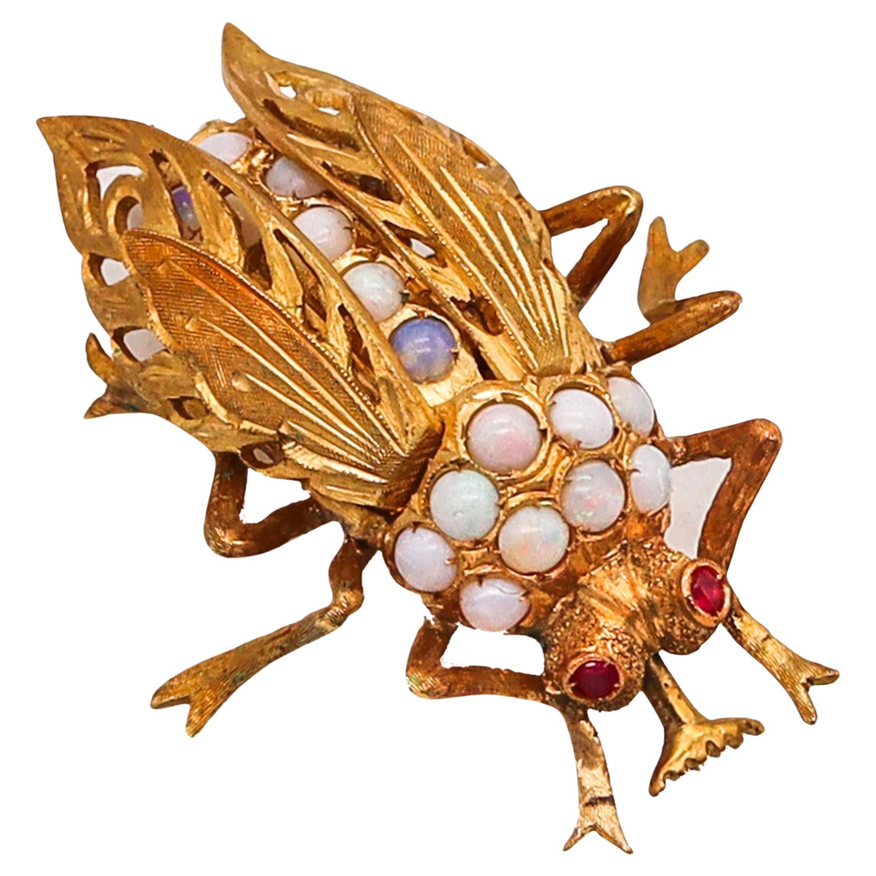 Roman 1880 Etruscan Revival Mechanical Scarab Brooch In 18Kt Gold With Opals For Sale