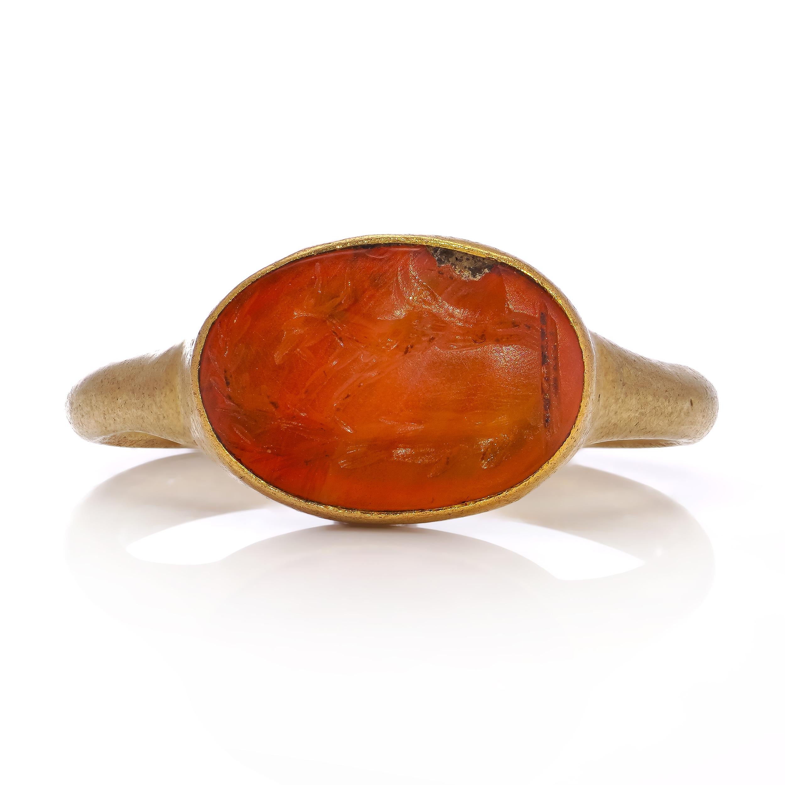 Oval Cut Roman 22kt. gold ring with goat carnelian intaglio For Sale