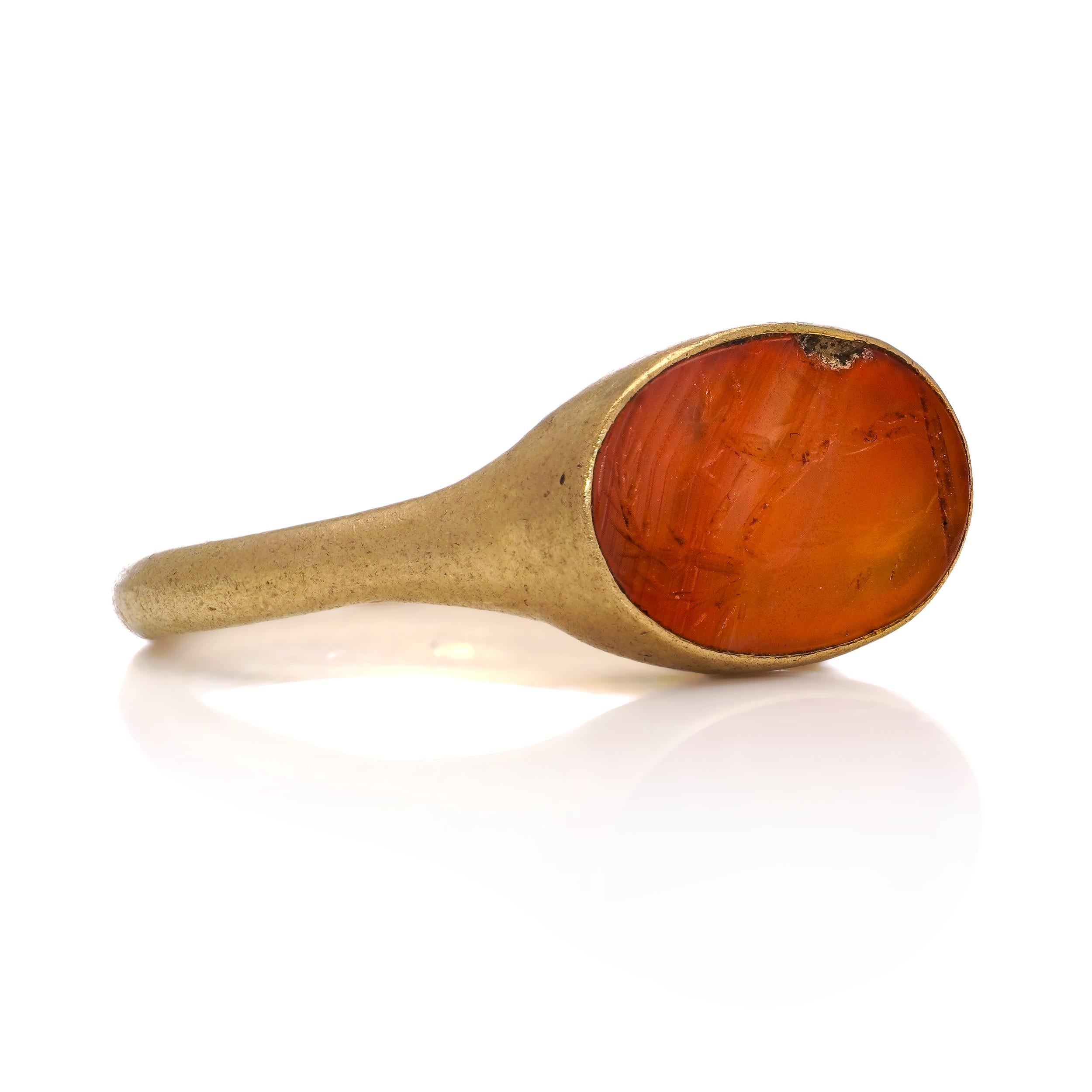 Oval Cut Roman 22kt. gold ring with goat carnelian intaglio For Sale